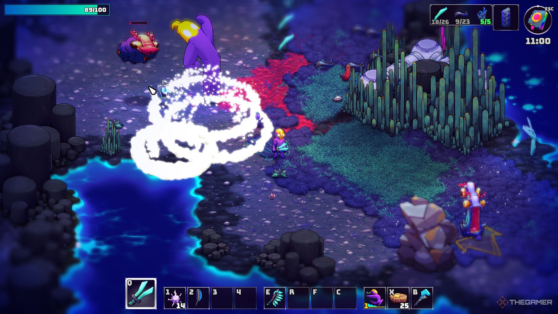 Enemy attack patterns being visible in Crashlands 2.
