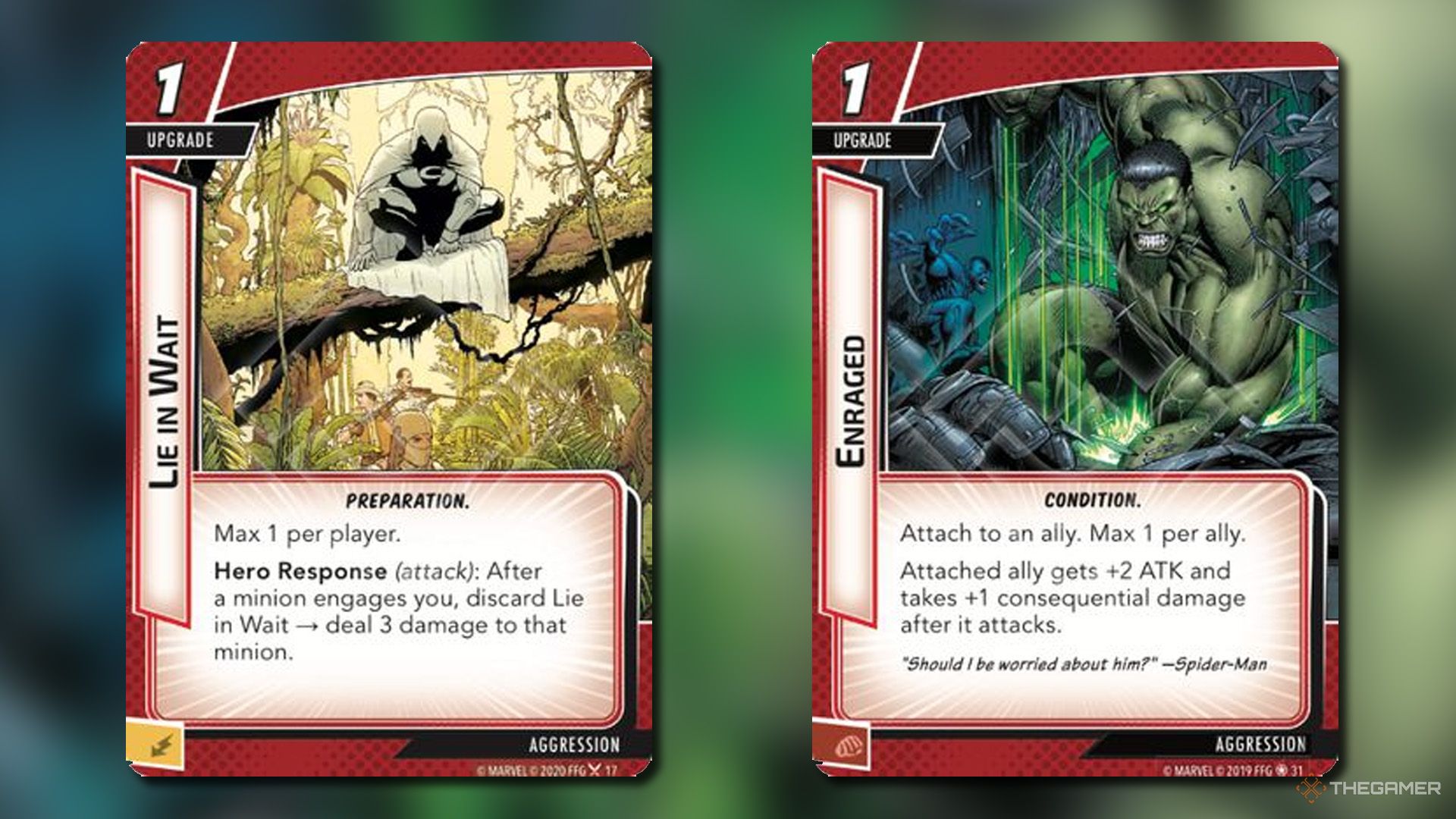 Enraged and Lie in Wait cards from Marvel Champions.