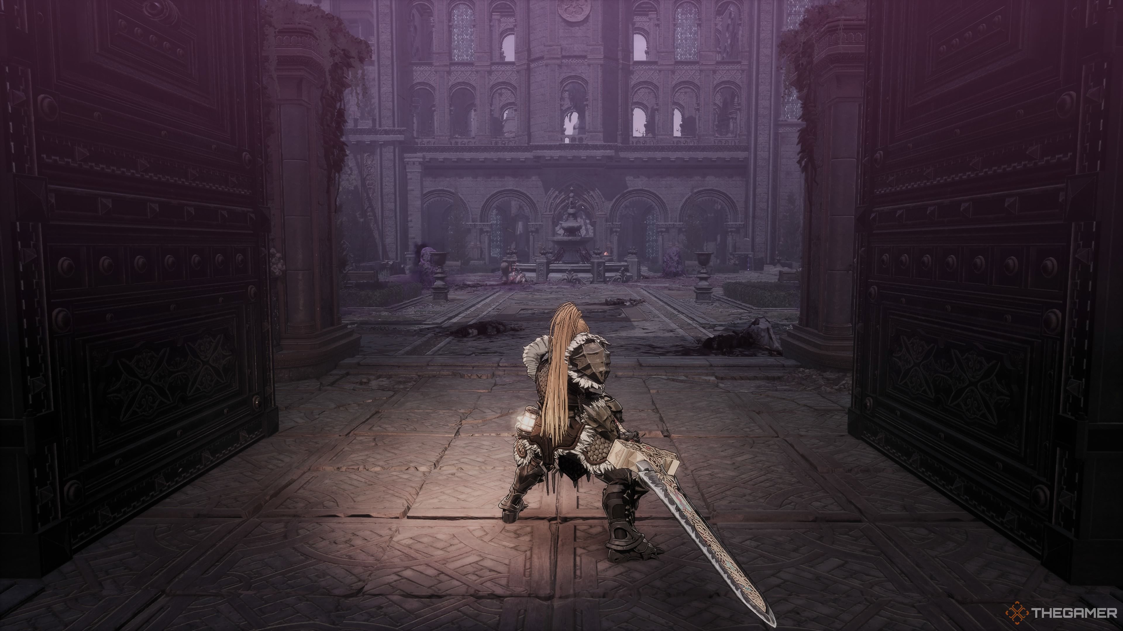 Entering the Bloodied Sanctuary courtyard in The First Berserker Khazan.