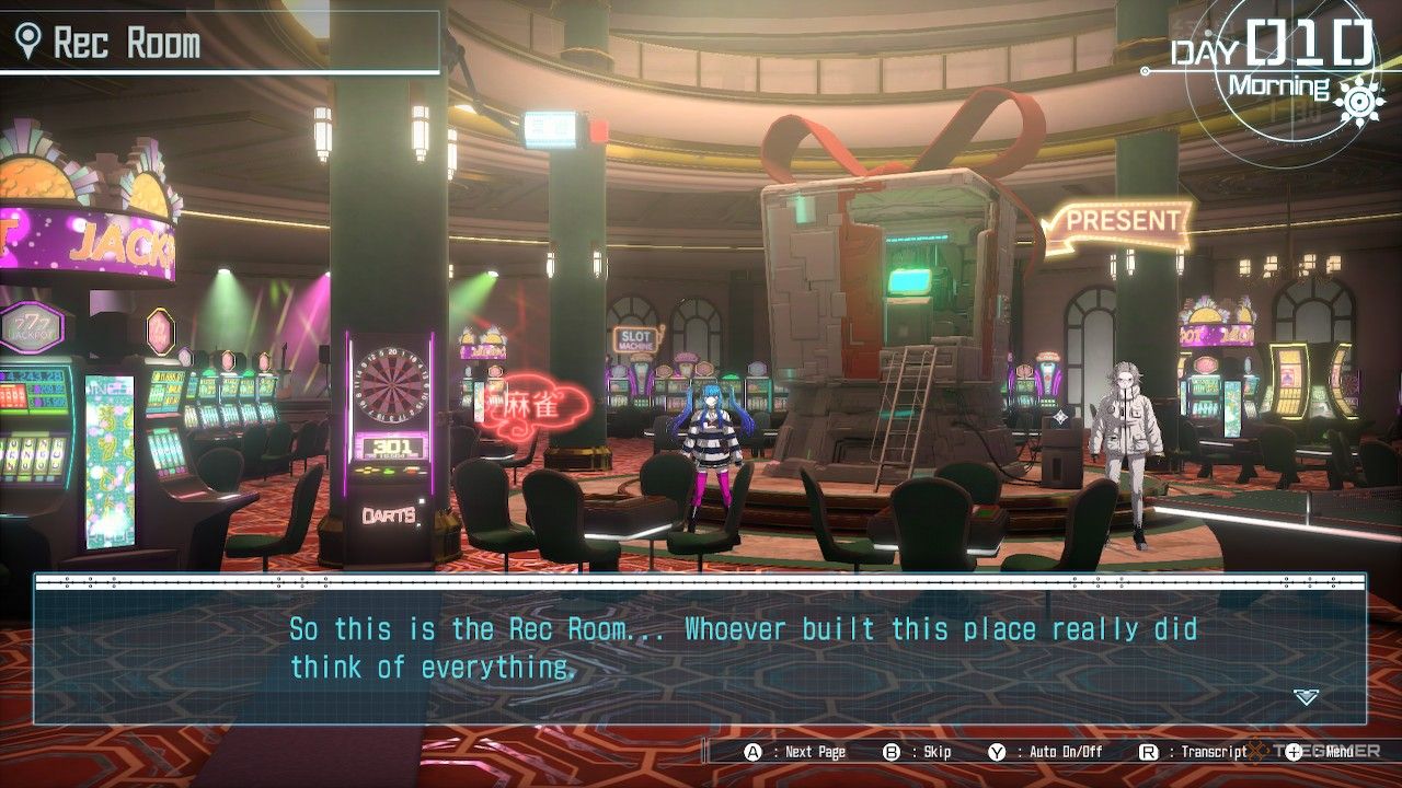 Entering the Rec Room with Eito and Darumi to find the Gift-o-Matic in The Hundred Line Last Defense Academy.