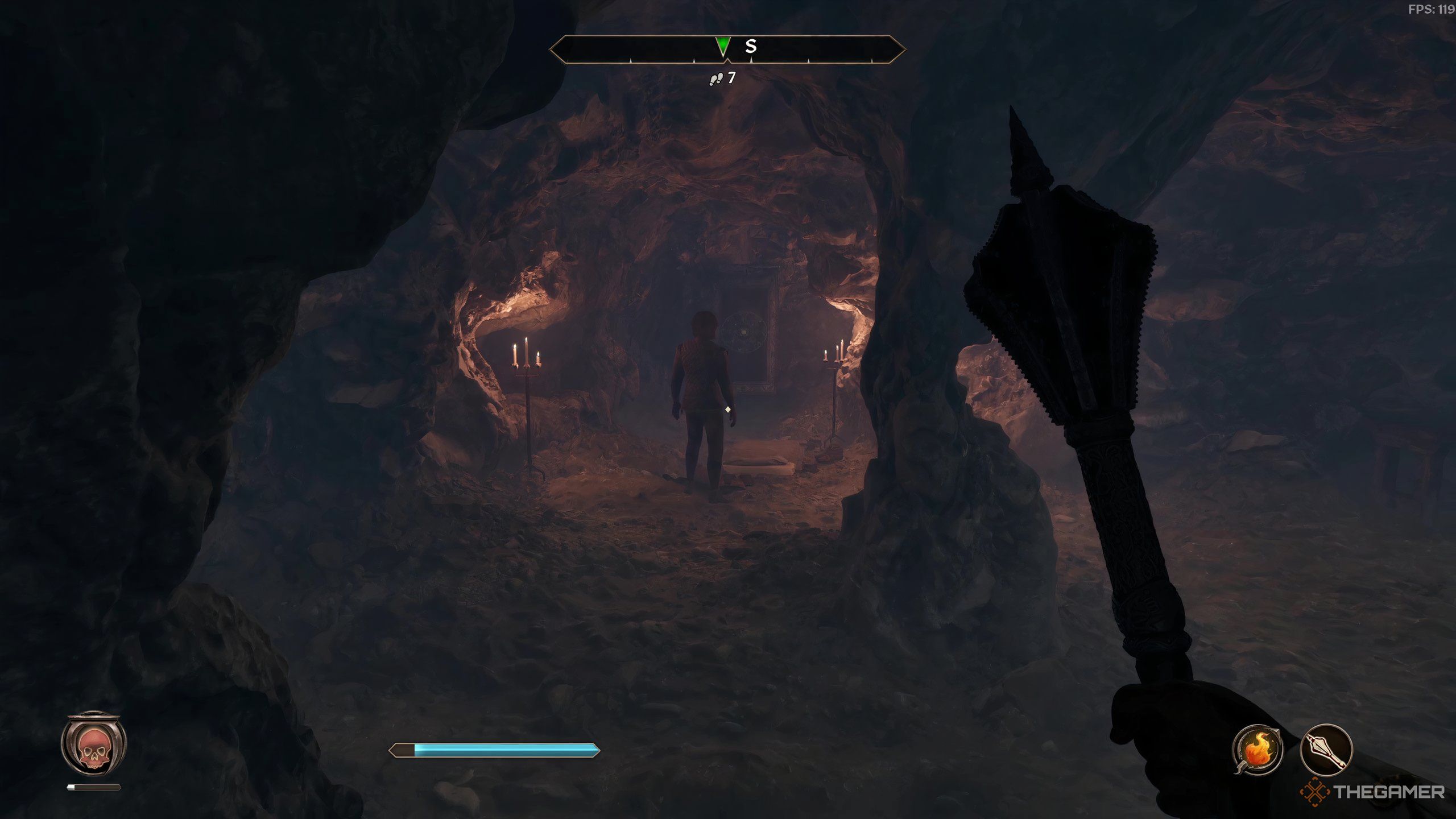 Erthor waiting in his furnished cave room in Oblivion Remastered.