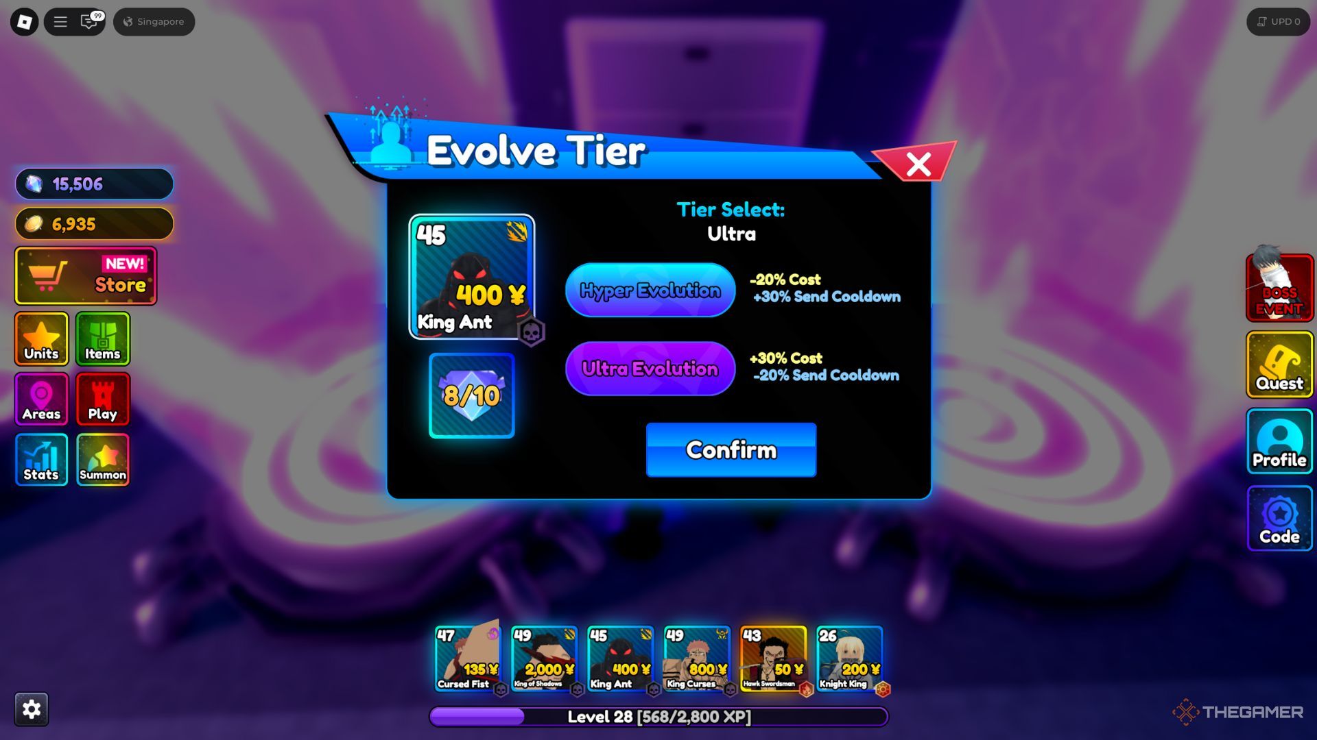 The player character shows the Evolve Units tab in Anime Ranger X.