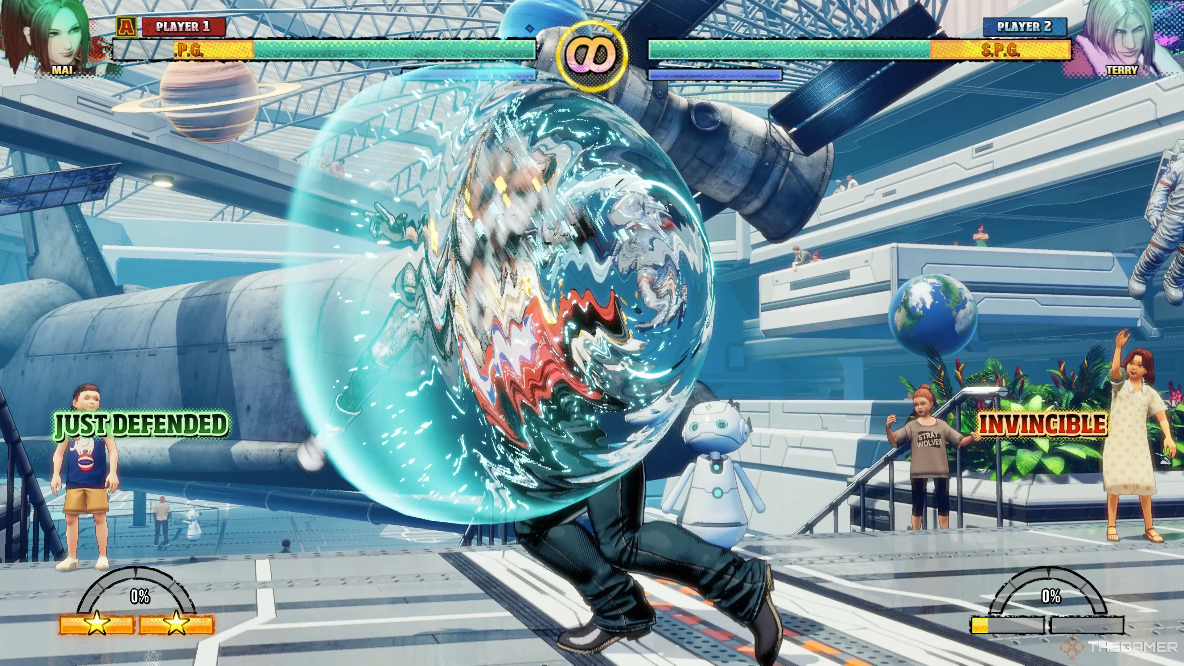 Mai performing a Just Defend while airborne in Fatal Fury: City of the Wolves.