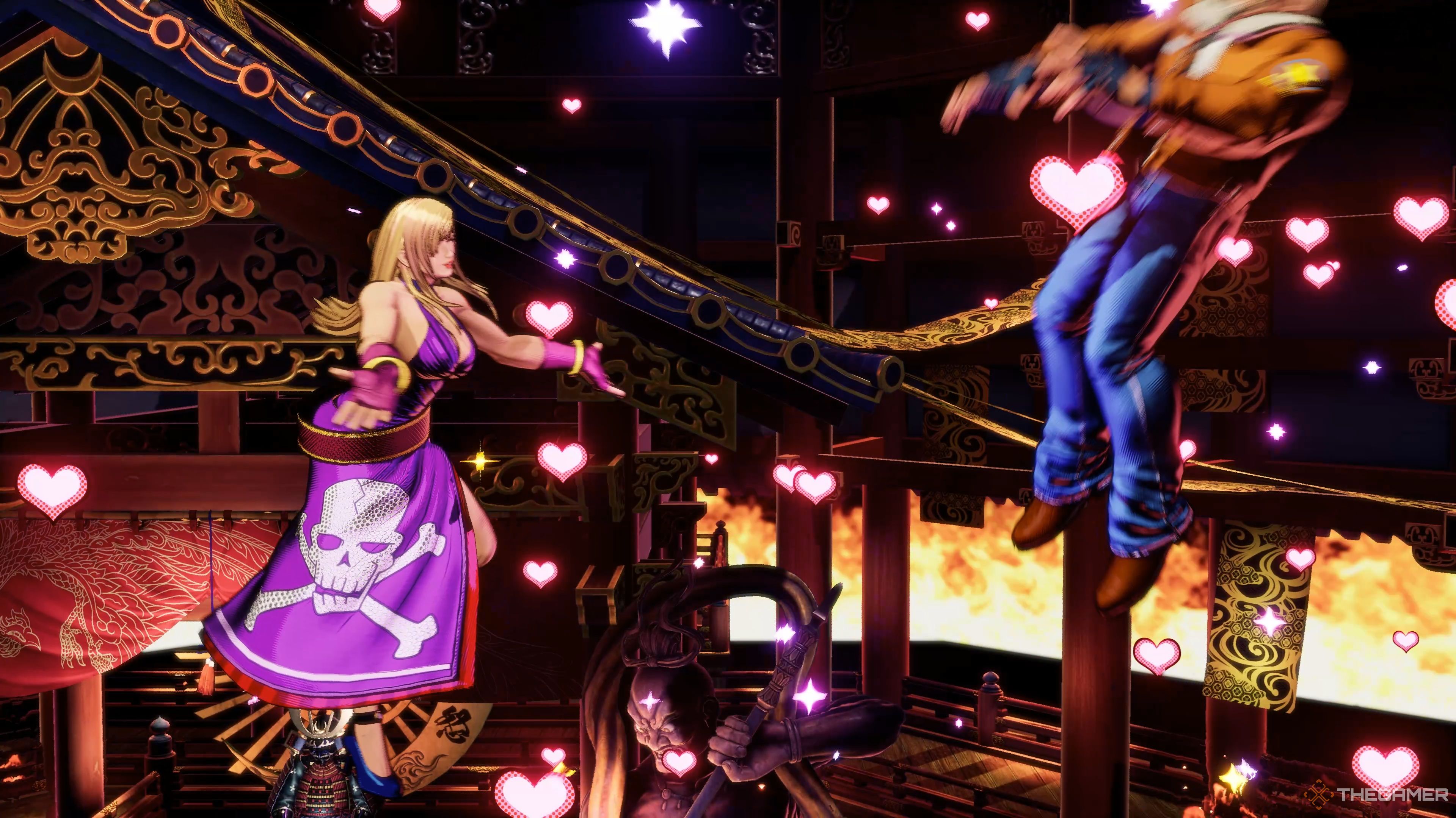 B. Jenet blowing a deadly kiss at Terry Bogard with her Aurora Redline Gear in Fatal Fury: City of the Wolves.