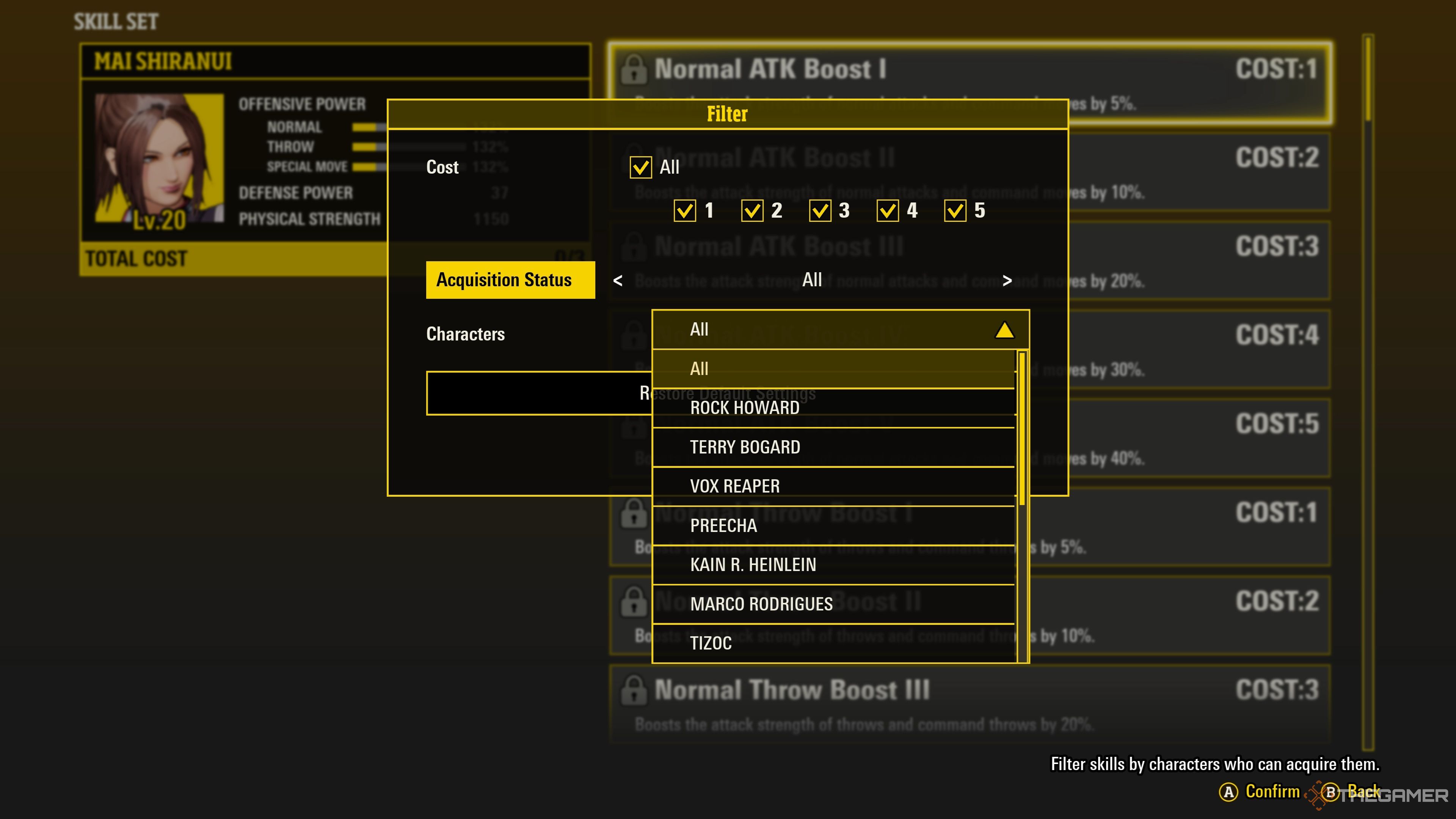 Filtering all Skills obtained during the Episodes of South Town mode in Fatal Fury: City of the Wolves.