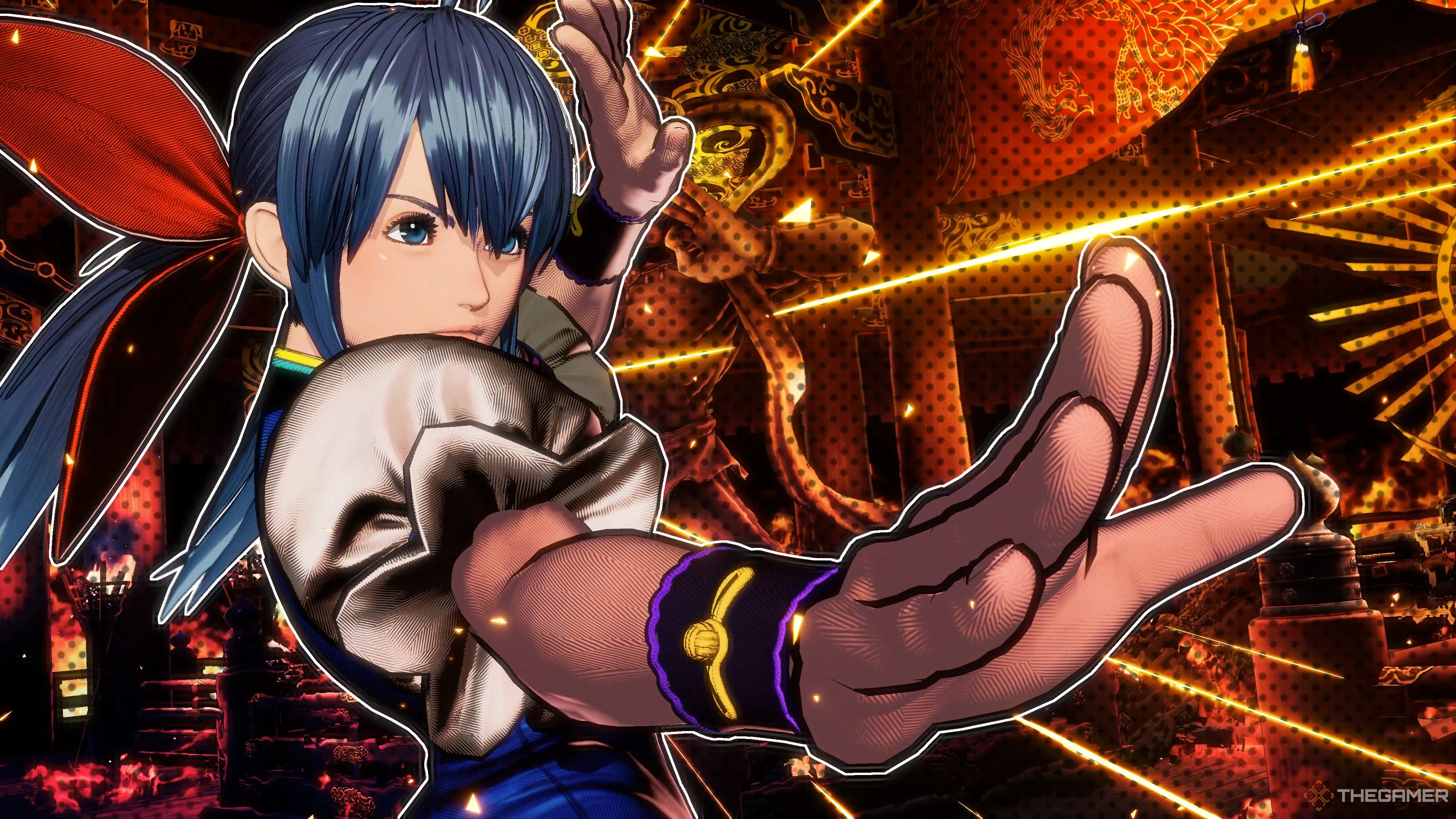 Hotaru Futaba executing her Freeze Fang: Soushou Chihigiri Hidden Gear on Terry Bogard in Fatal Fury: City of the Wolves.