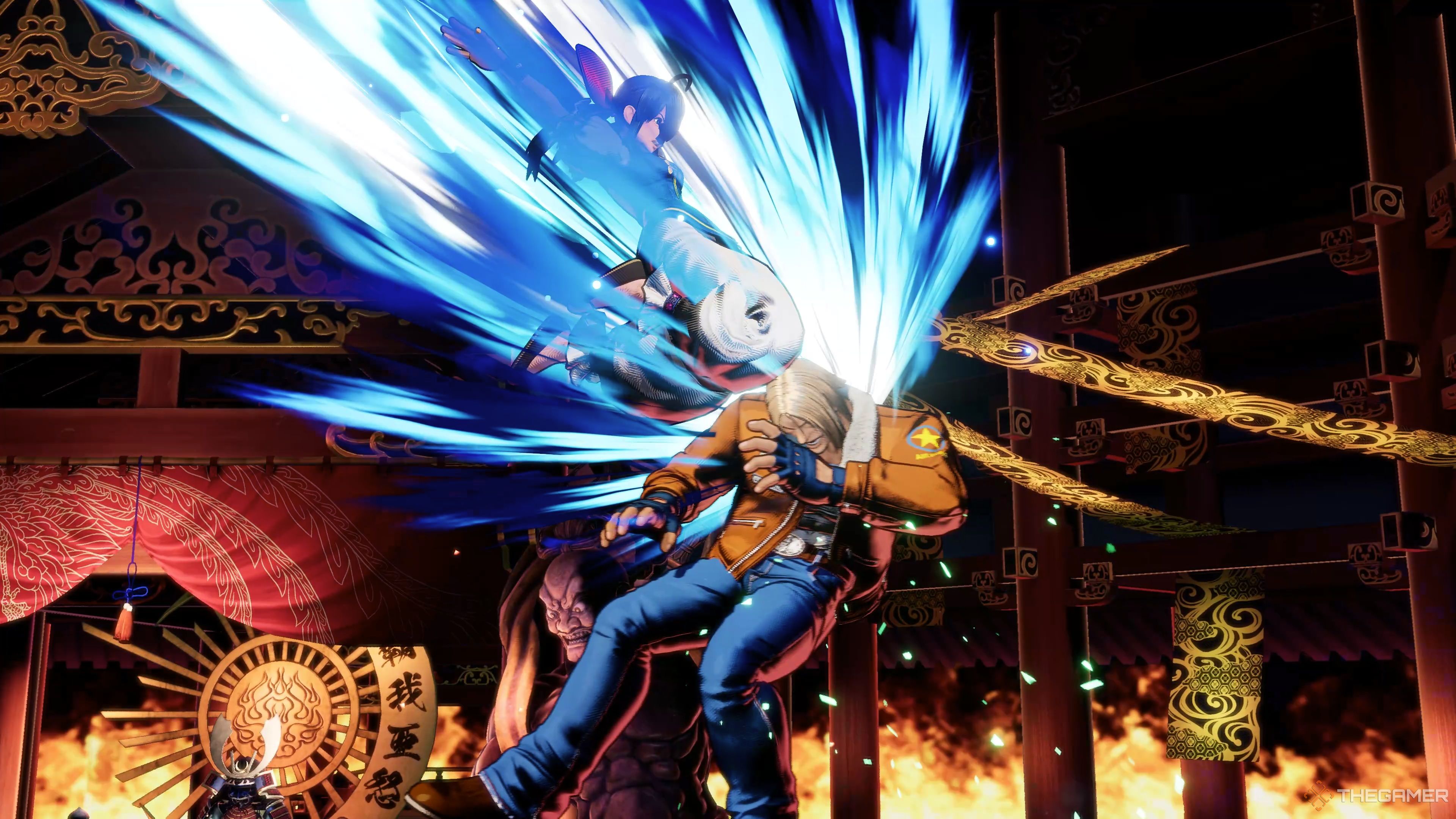 Hotaru Futaba landing her Soushou Tenrenge Redline Gear on Terry Bogard in Fatal Fury: City of the Wolves.