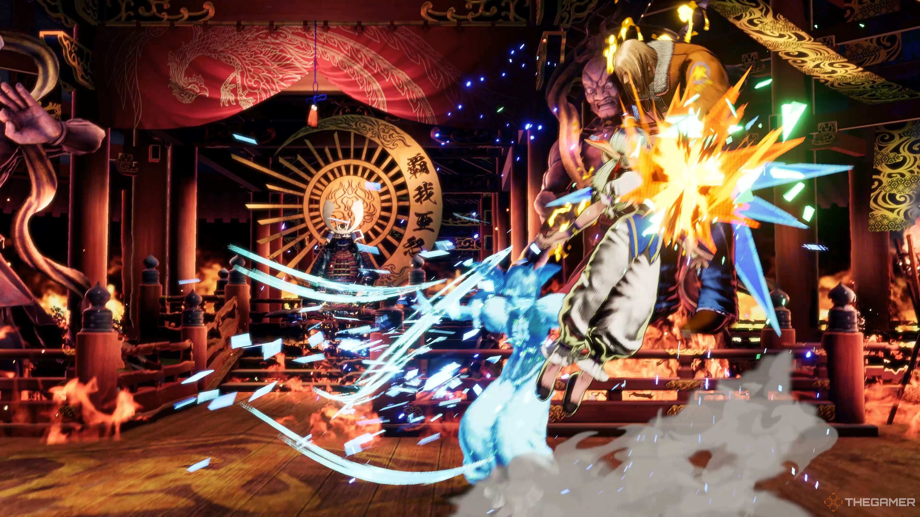Hotaru Futaba Braking her Soushou Shin into a Tenshin Shou, delivering massive damage to Terry Bogard in Fatal Fury: City of the Wolves.