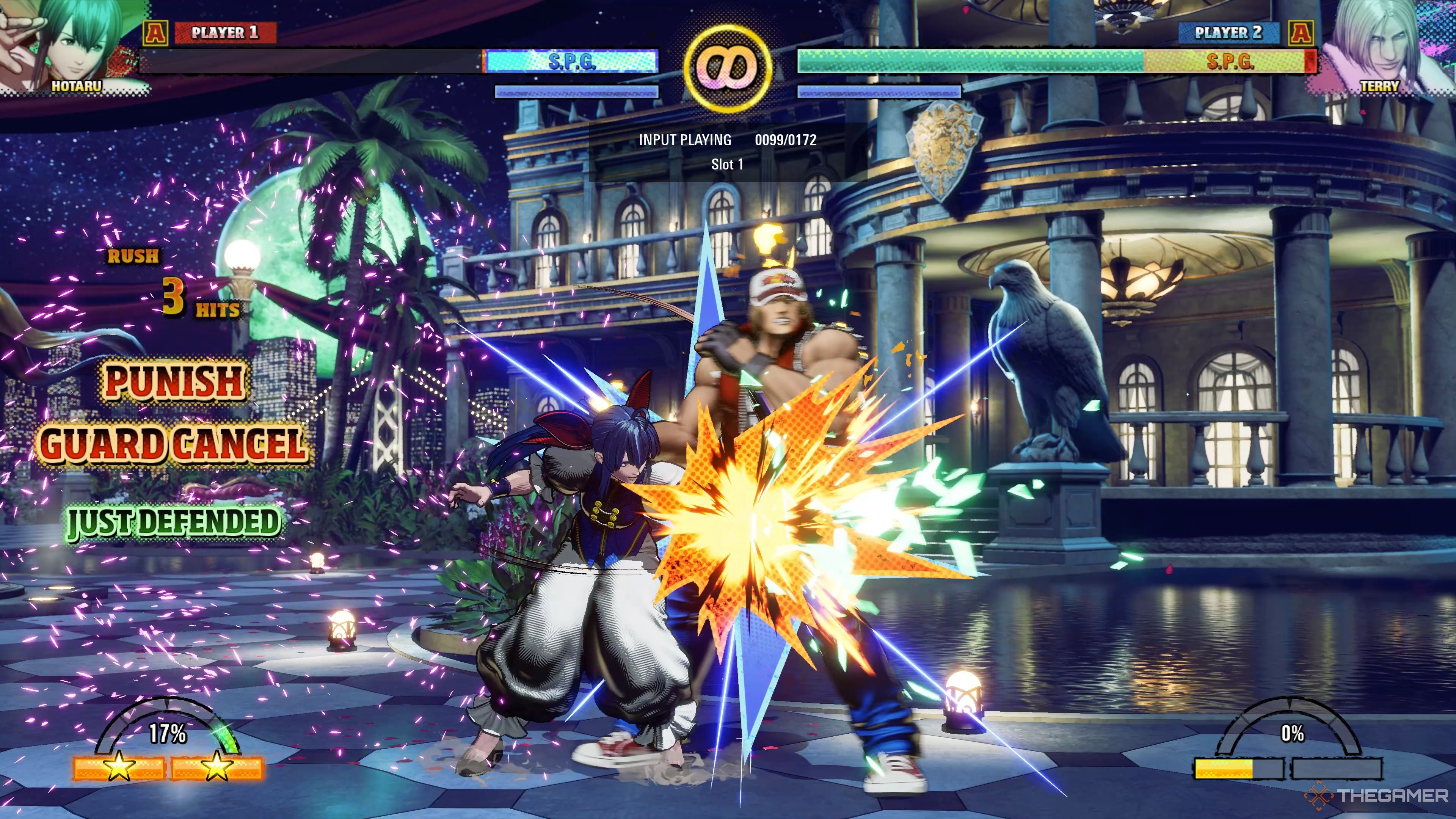 Hotaru performing a Guard Cancel after Just Defending an incoming attack in Fatal Fury: City of the Wolves.
