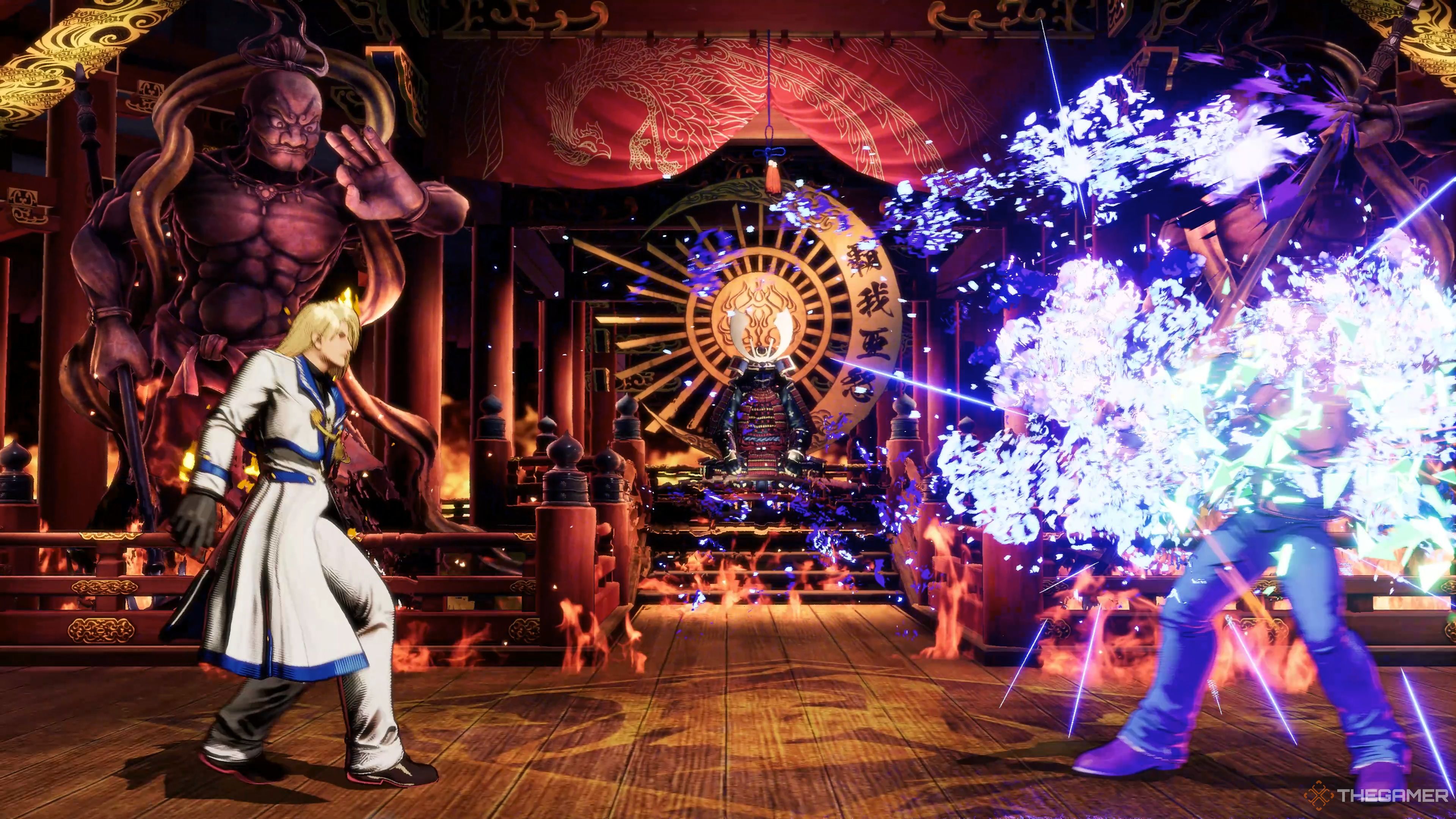 Kain R. Heinlein combining his Schwarzes Rondo and Schwarze Flamme to obliterate Terry Bogard from range in Fatal Fury: City of the Wolves.