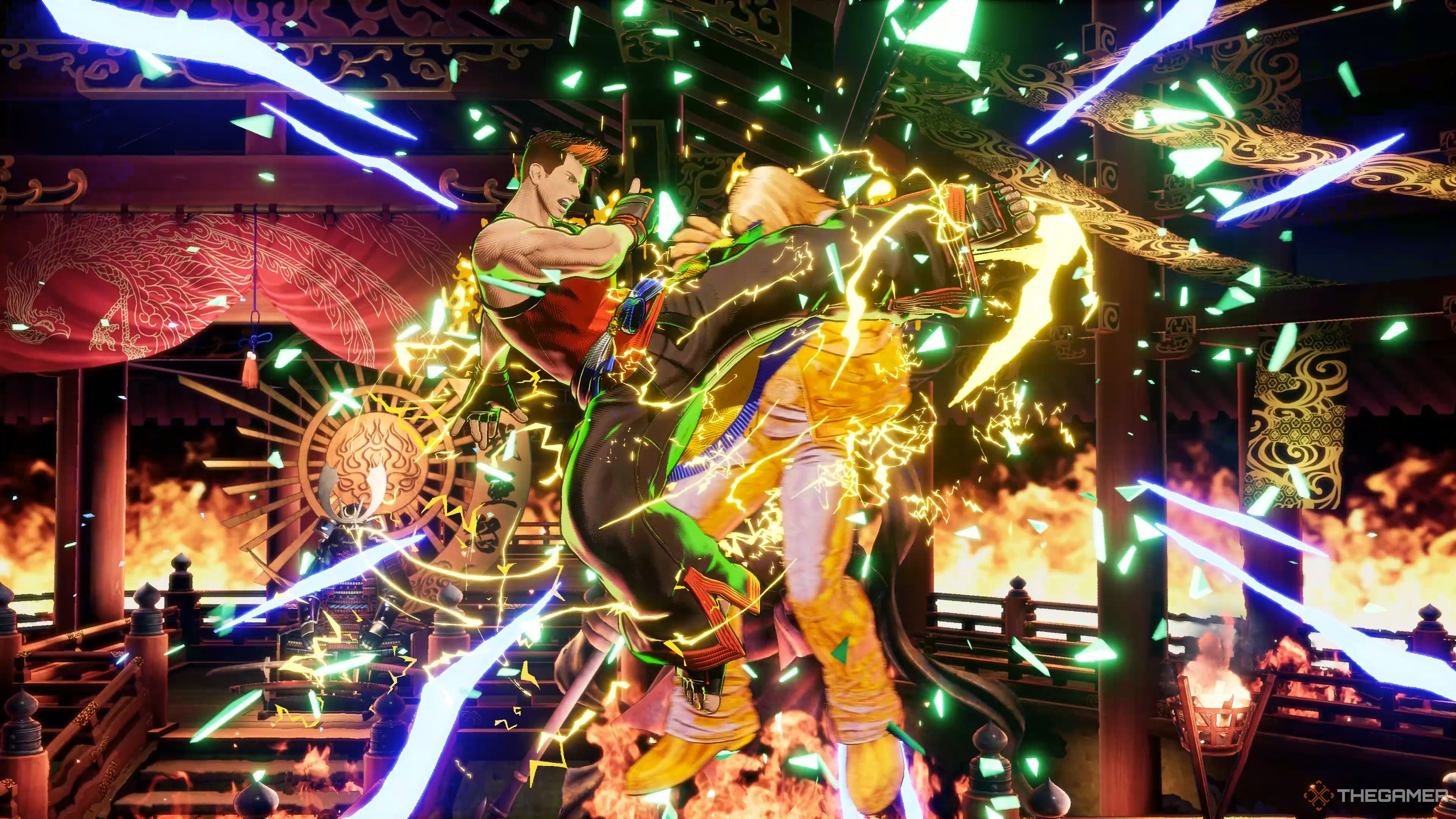 Kim Dong Hwan capping his combo off with his Inazuma Hurricane Kick REV Blow, dealing substantial damage to Terry Bogard in Fatal Fury: City of the Wolves.