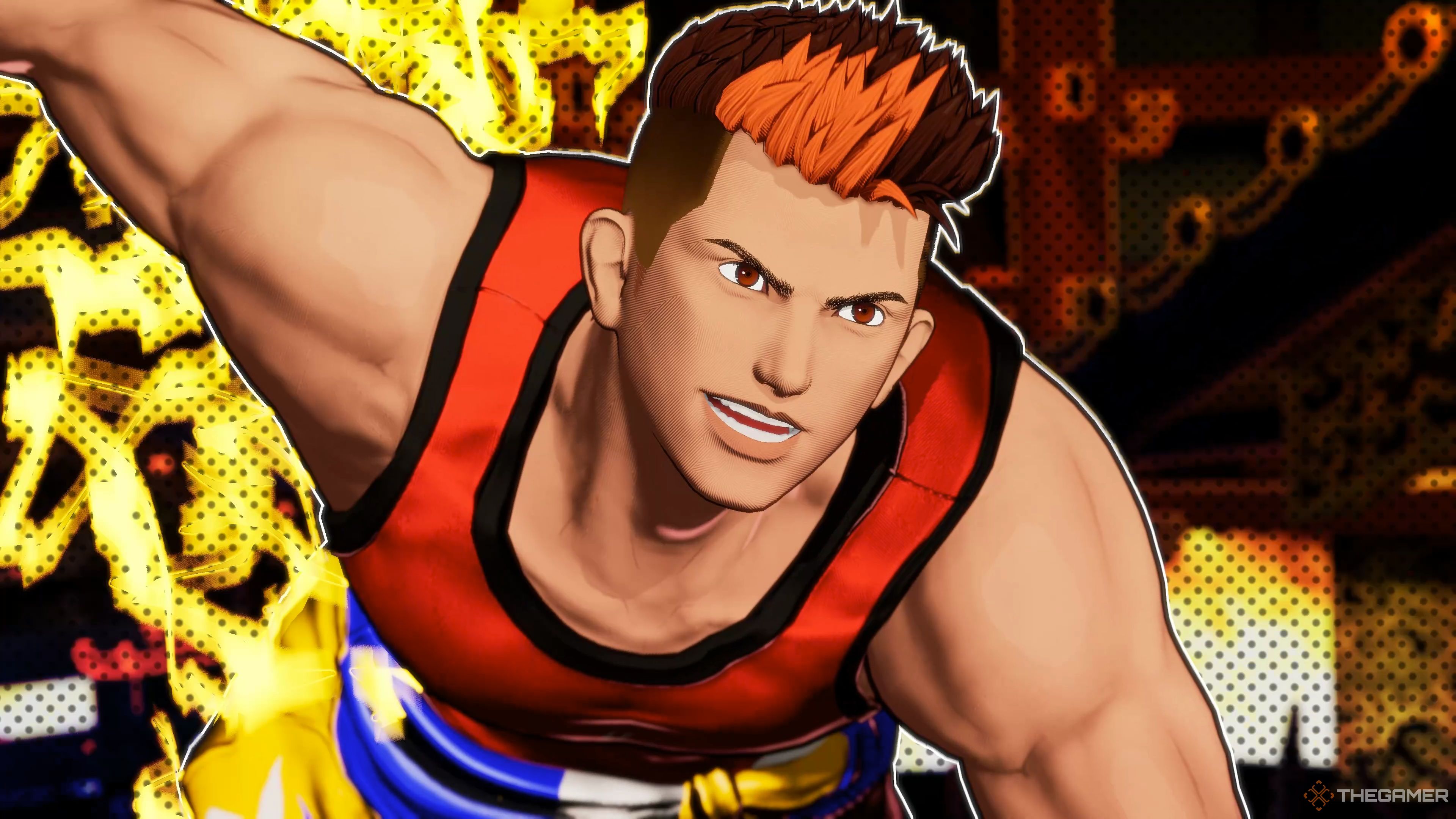 Kim Dong Hwan executing his Tenshou Raimei Kyaku Hidden Gear on Terry Bogard in Fatal Fury: City of the Wolves.