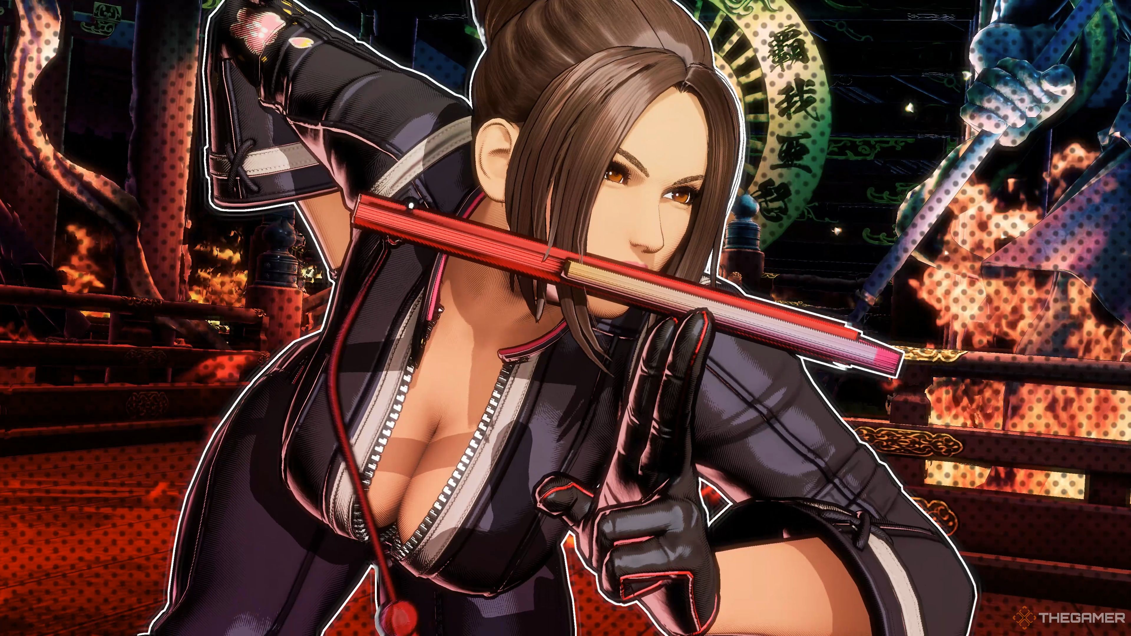 Mai activating her Chou Hissatsu Shinobi Bachi Redline Gear against Terry Bogard in Fatal Fury: City of the Wolves.