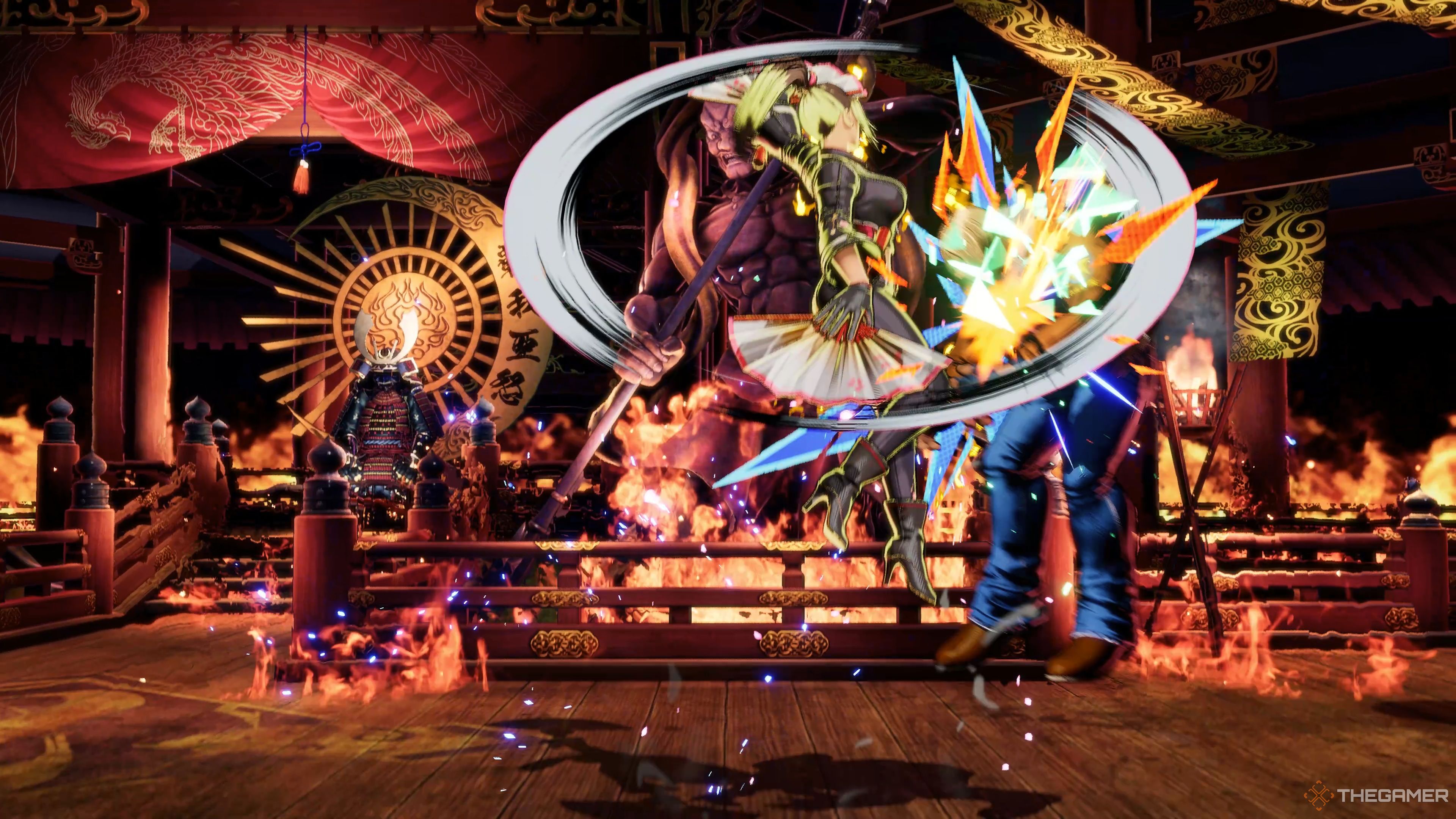Mai landing her Hana Arashi Special Move on Terry Bogard in Fatal Fury: City of the Wolves.