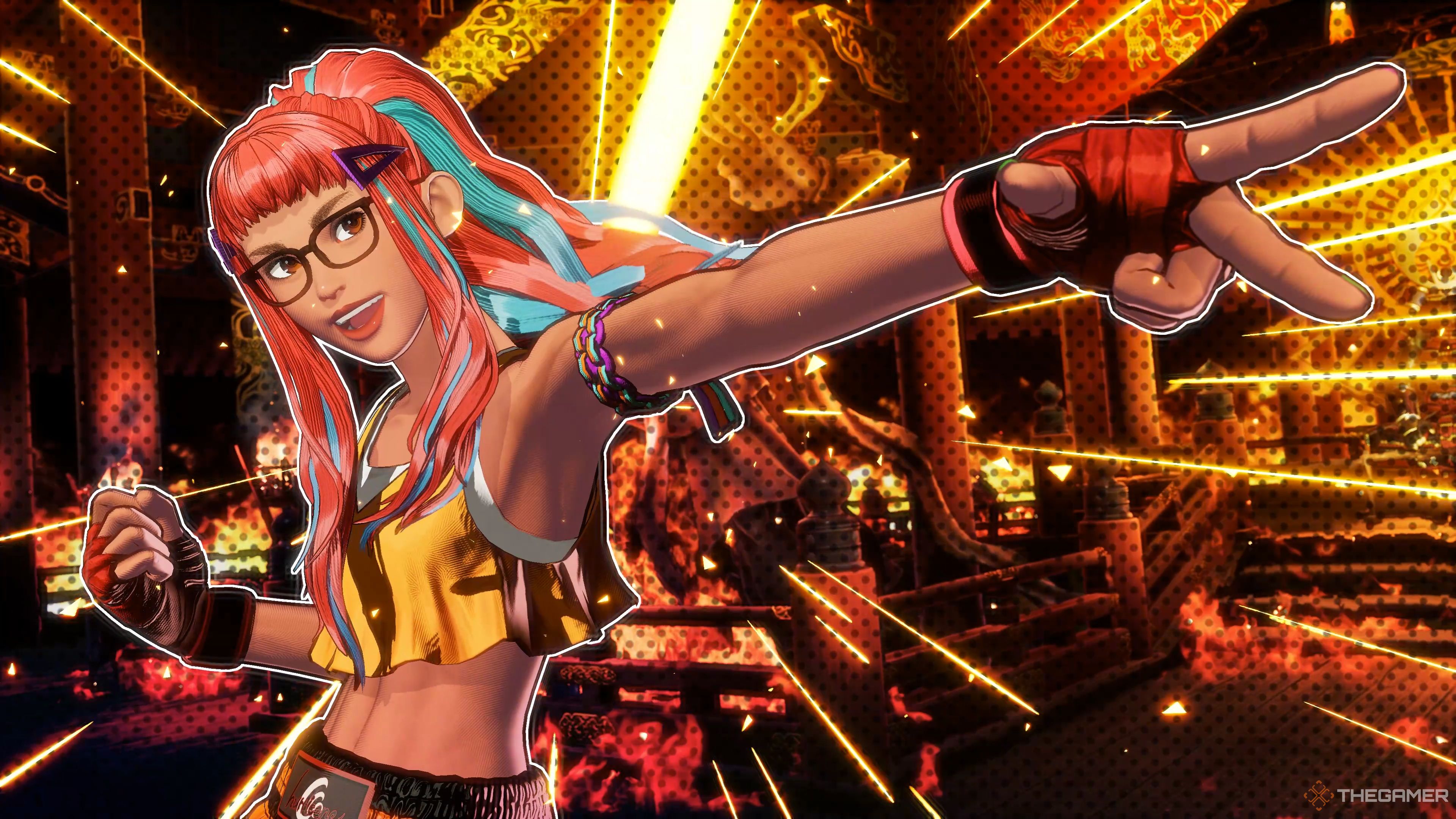 Preecha executing her Preecha's Last Theorum Hidden Gear on Terry Bogard in Fatal Fury: City of the Wolves.
