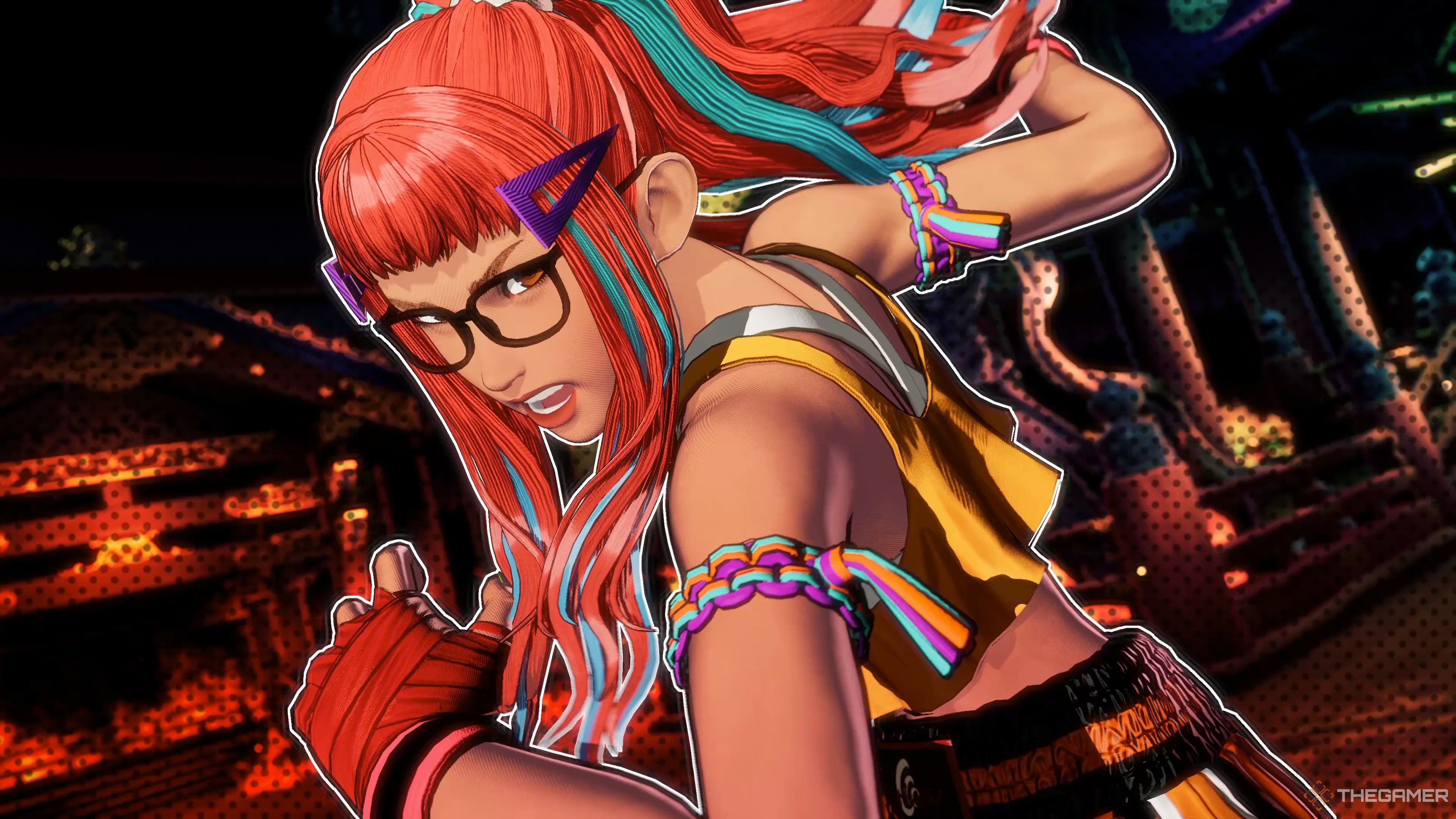 Preecha activating her Screw Archimedes Spiral Redline Gear against Terry Bogard in Fatal Fury: City of the Wolves.