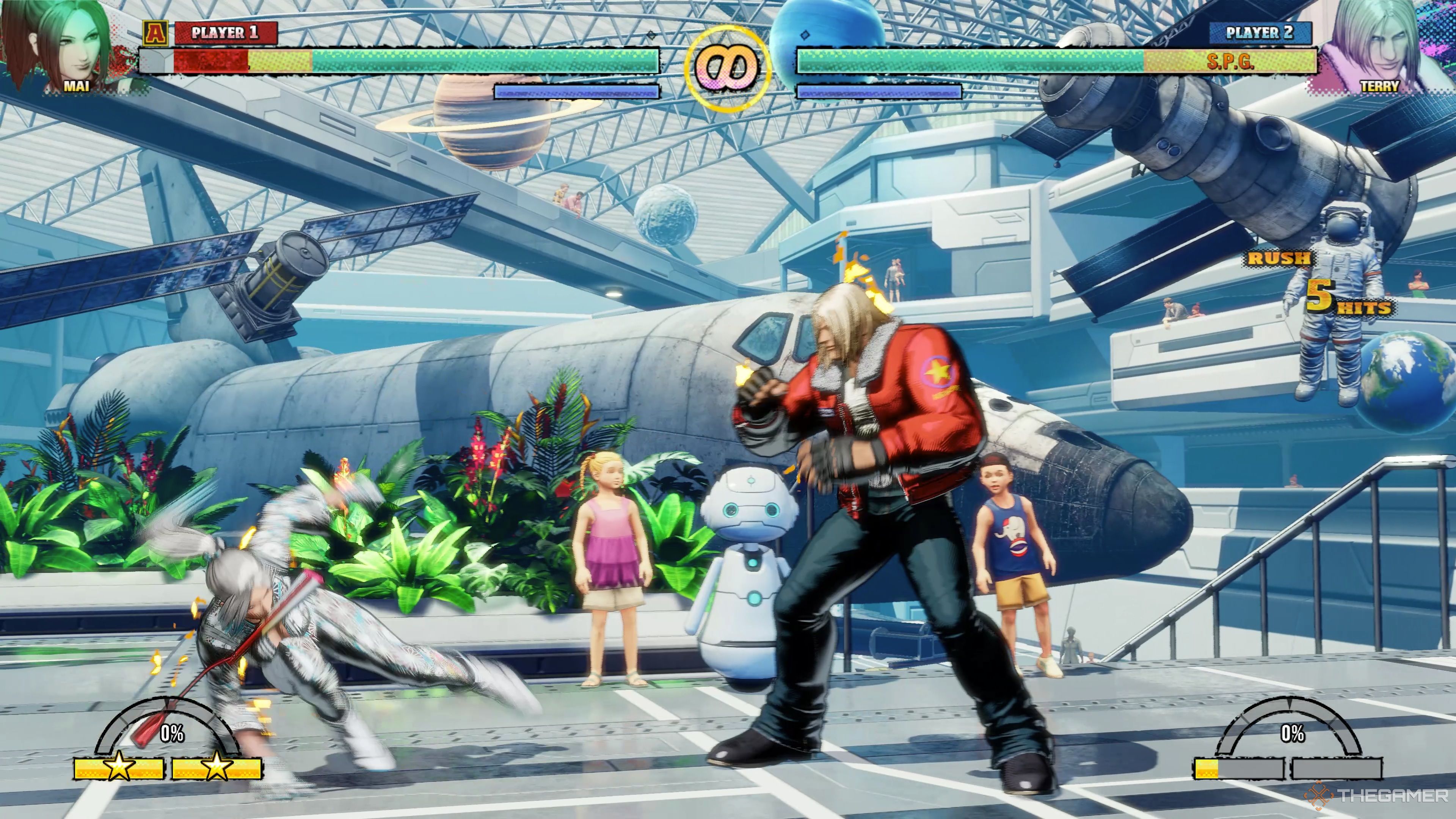 Mai tech rolling away from Terry Bogard after being knocked down in Fatal Fury: City of the Wolves.
