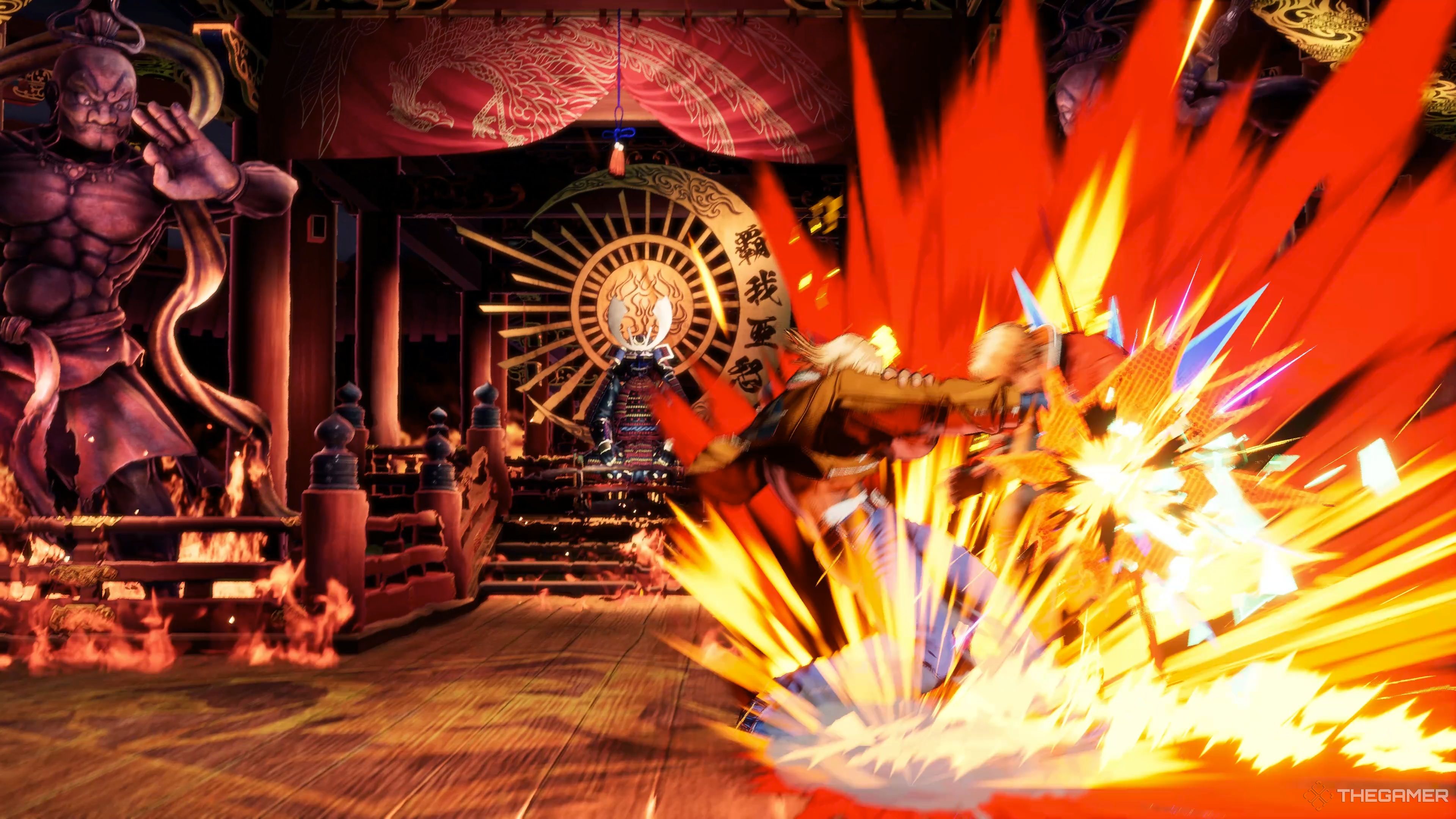Terry Bogard landing a devastating Buster Wolf Redline Gear on Rock Howard in Fatal Fury: City of the Wolves.