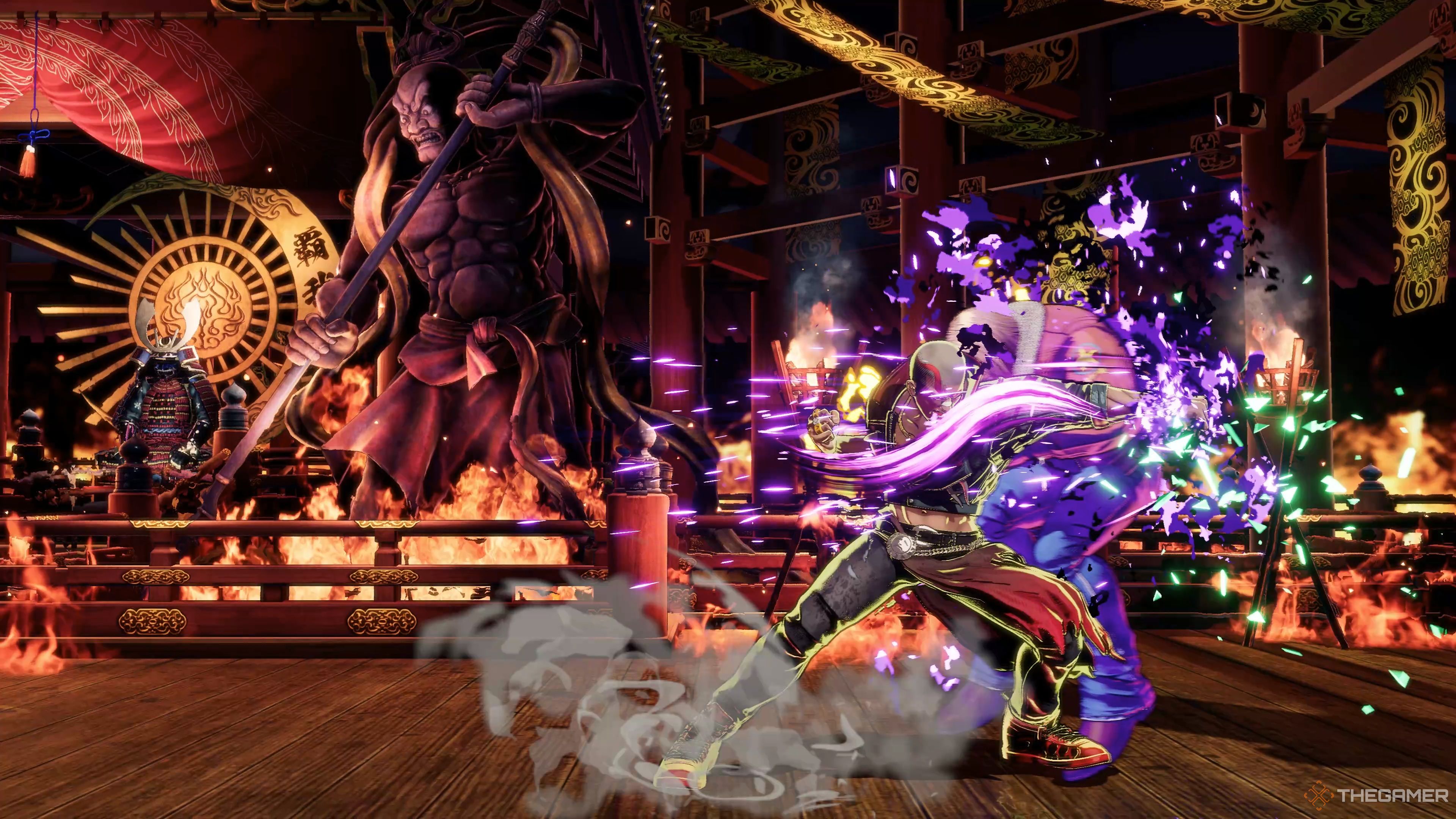 Vox Reaper landing a devastating Gou Dangai on Terry Bogard in Fatal Fury: City of the Wolves.