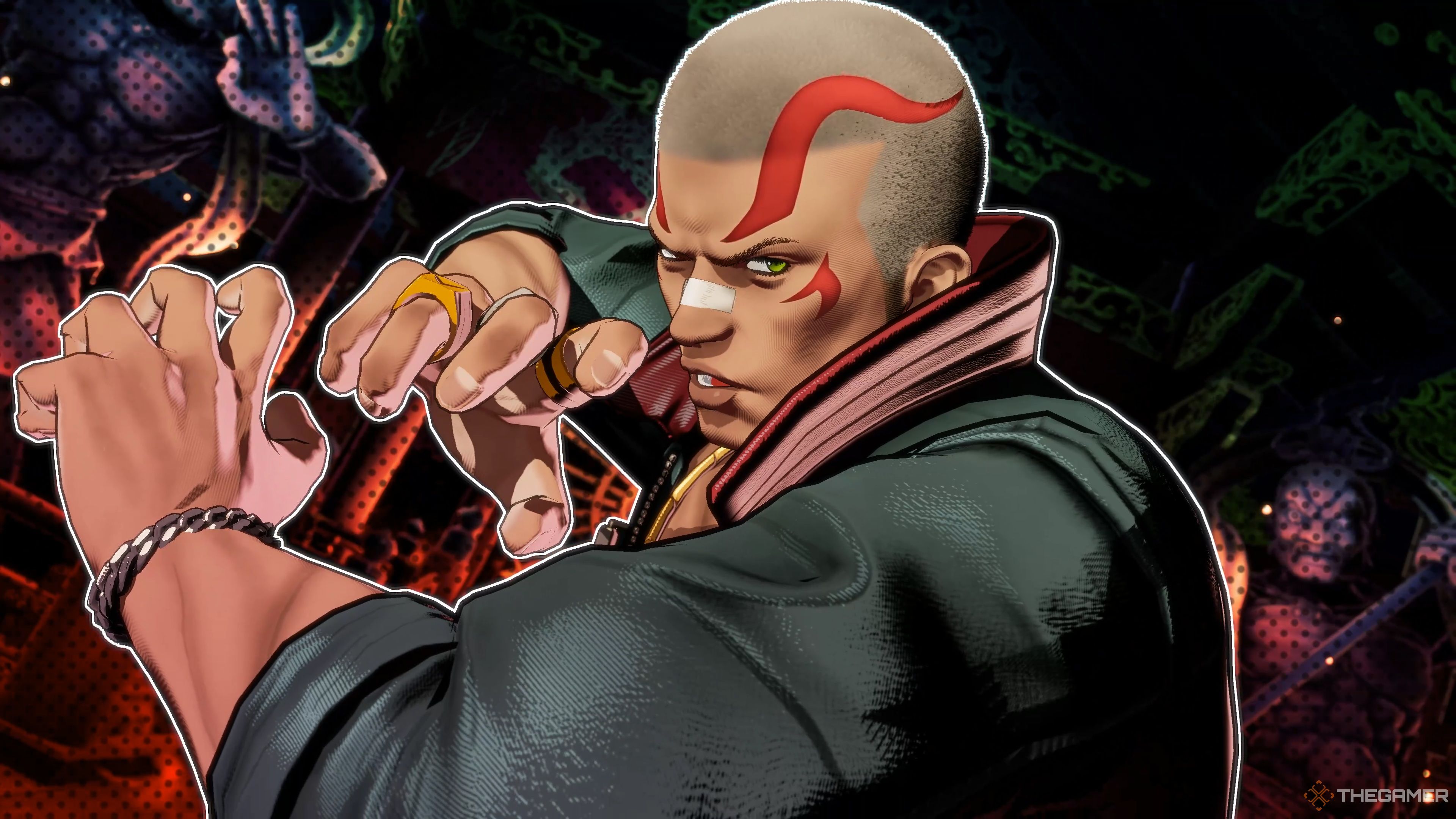 Vox Reaper activating his Engetsu Rin Redline Gear against Terry Bogard in Fatal Fury: City of the Wolves.