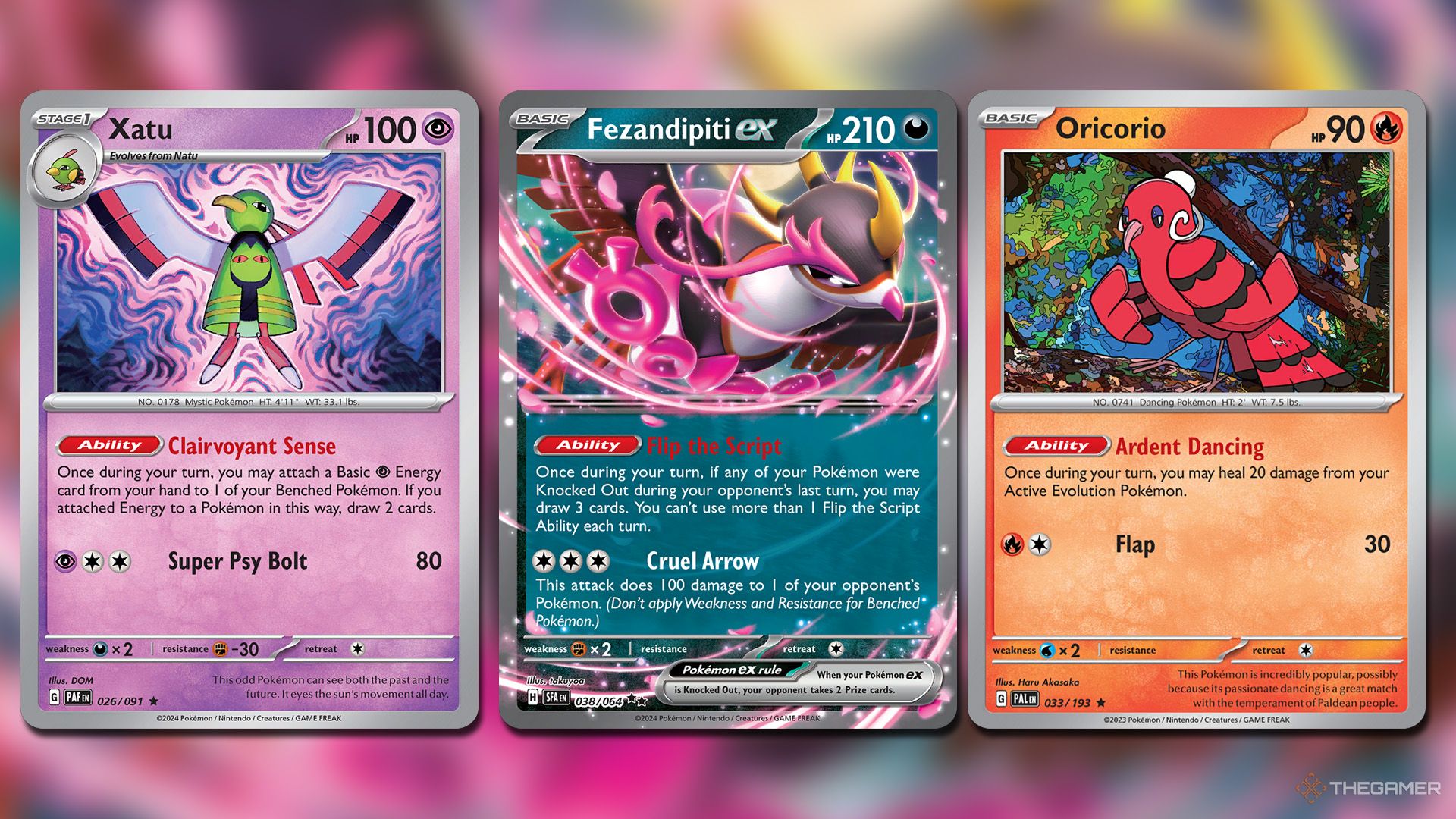 Fezandipiti ex, Xatu and Oricorio cards in Pokemon TCG.