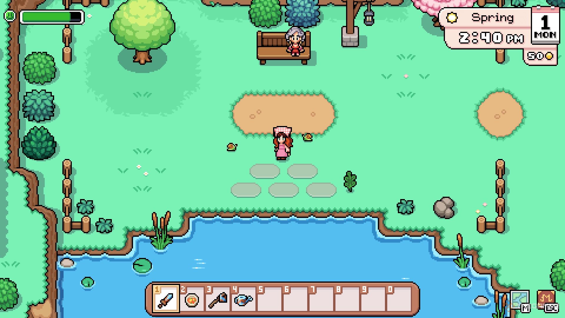 The farmer dressed in pink surrounded by snails.
