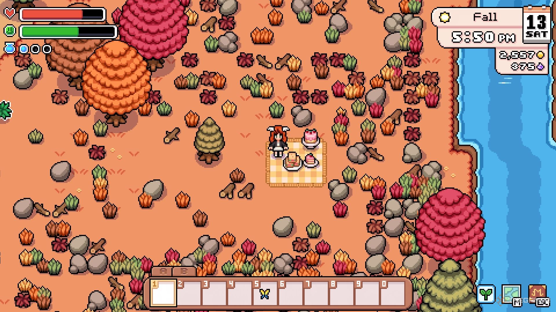 The farmer holding a butterfly next to a picnic in fall.