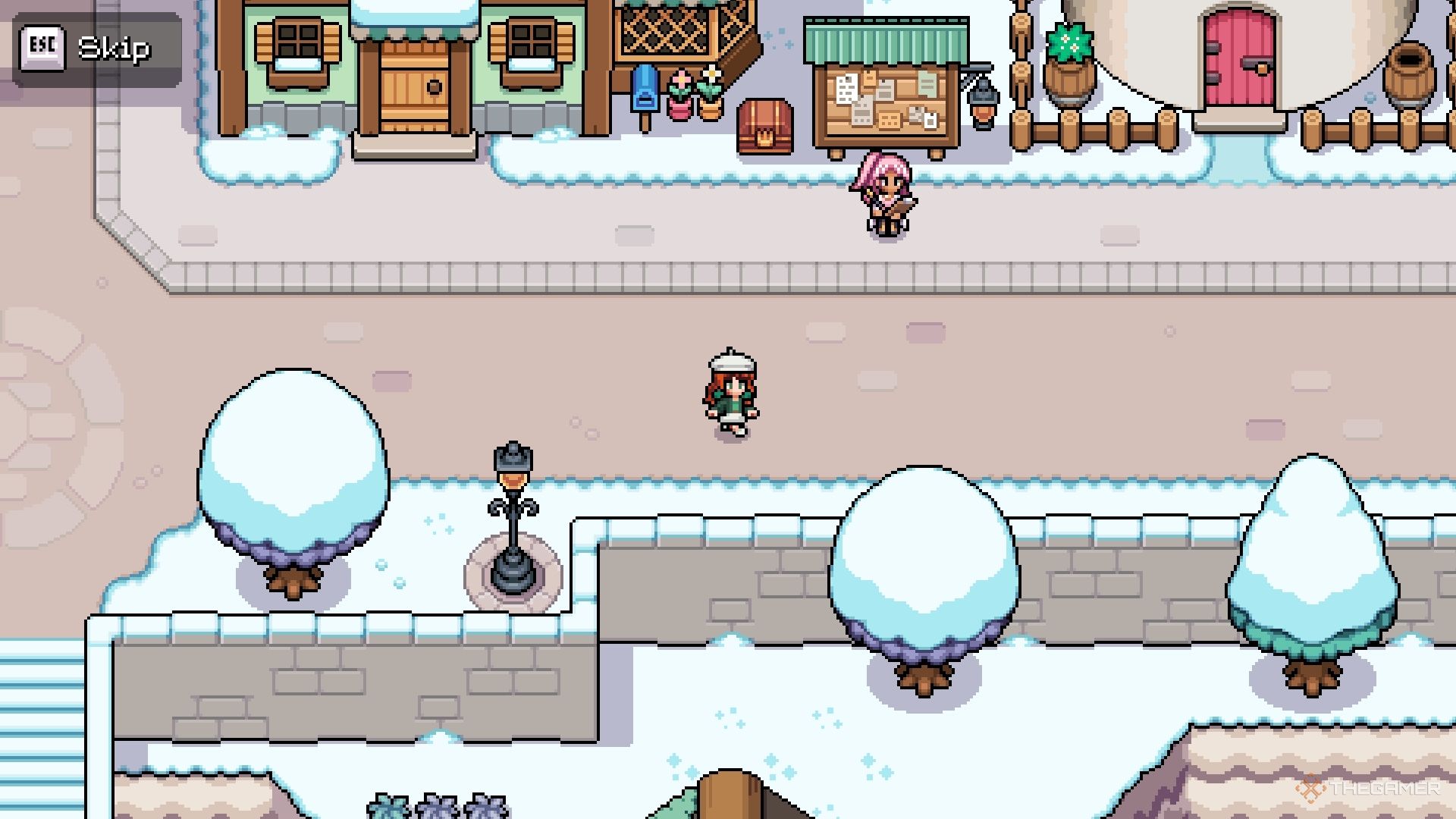 The farmer walking through town in the snow.