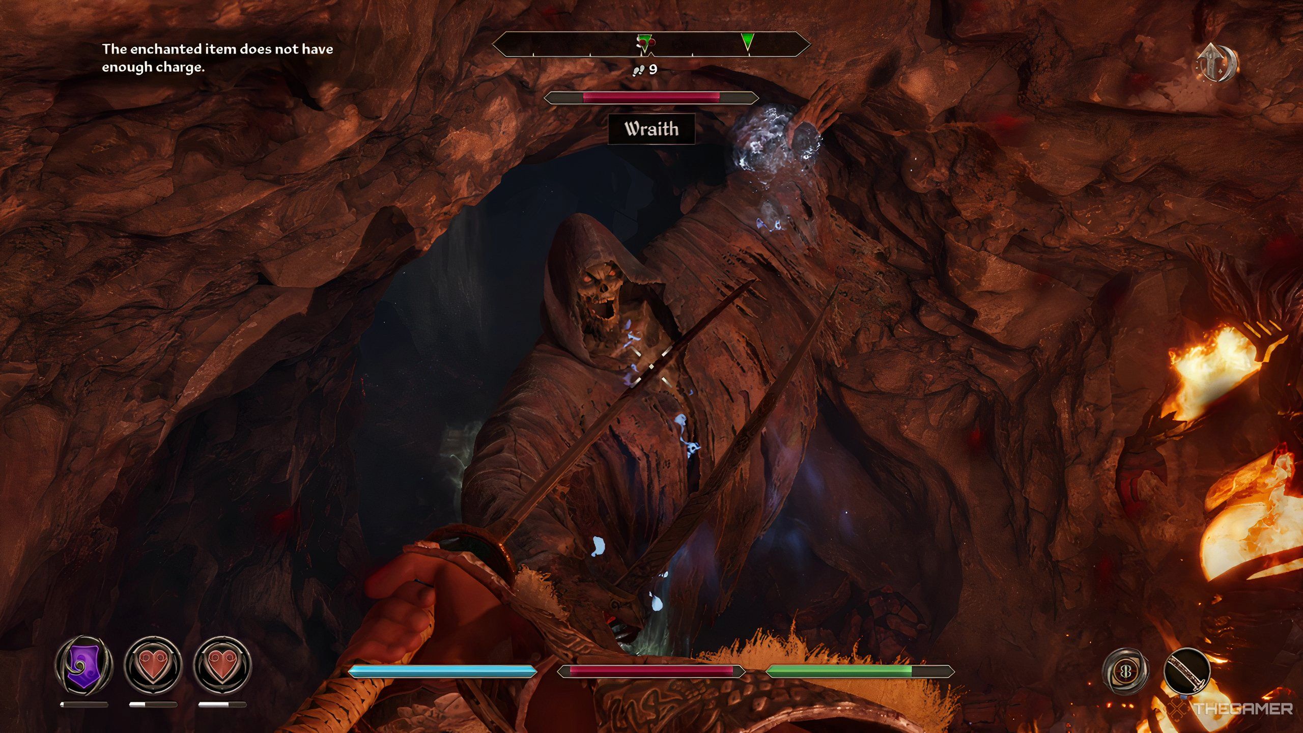 Fighting a Wraith in the Howling Cave Lower Galleries in Oblivion Remastered.