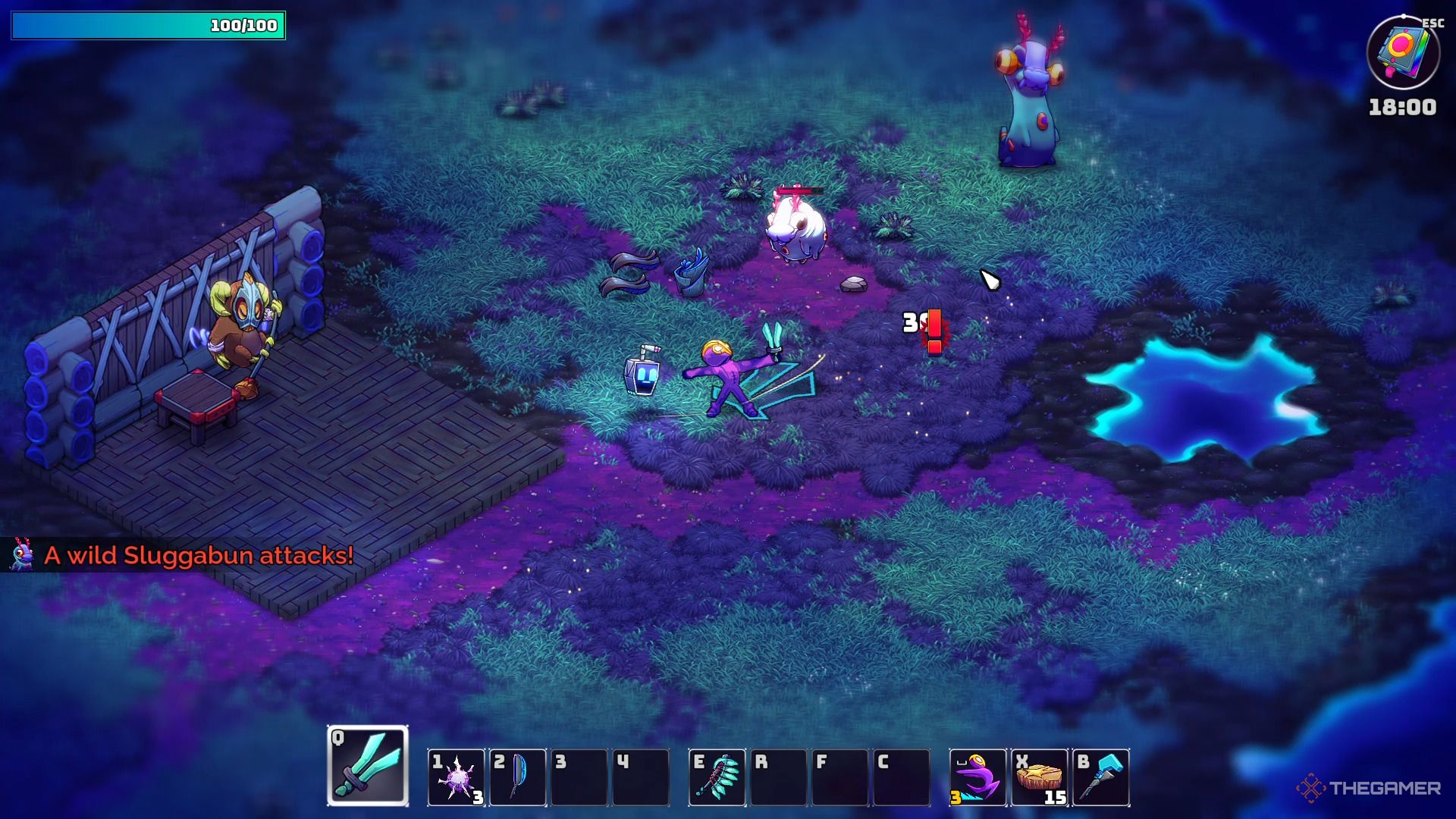 Fighting creatures near an NPC in Crashlands 2.