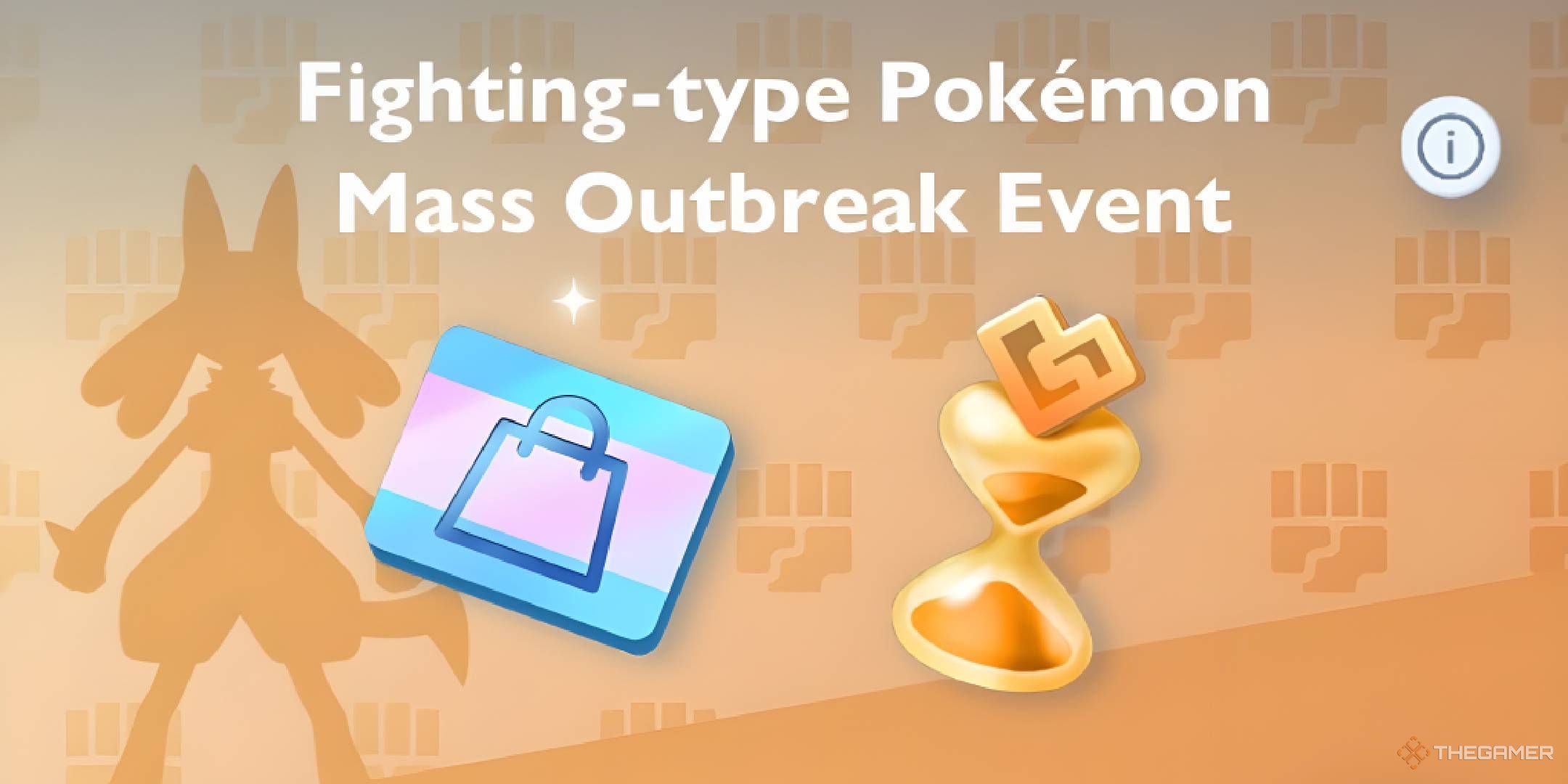 The banner for the Fighting-Type Mass Outbreak's limited-time missions, showing Lucario's silhouette in the background with a Shop Ticket and Wonder Hourglass in the foreground.