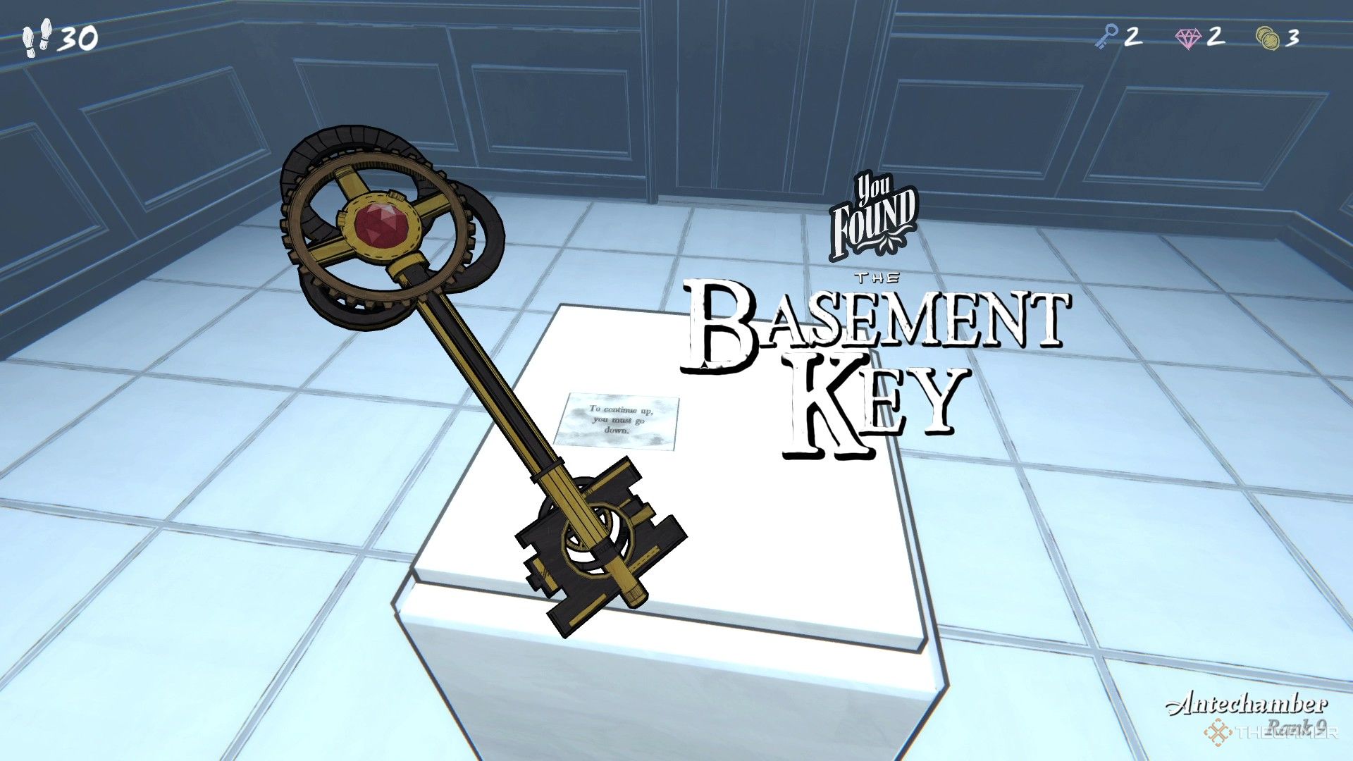 Finding the Basement Key in the Antechamber in Blue Prince.