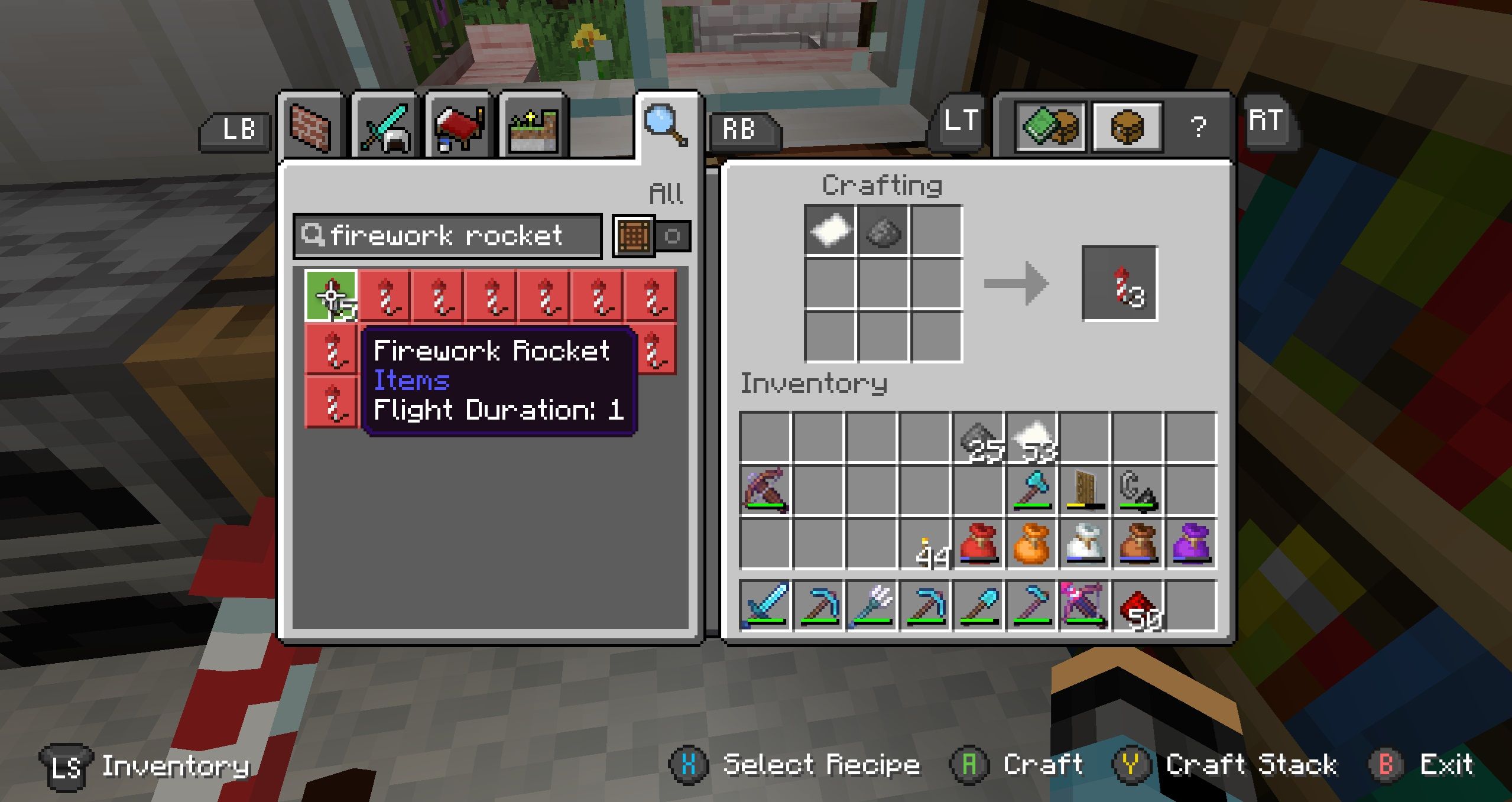 The crafting table menu with a bunch of possible Firework Rocket crafting recipes in red, and one highlighted with its parameters in a tooltip. On the right is the crafting grid with a single paper and gunpowder in it, which produces three basic Firework Rockets in Minecraft.