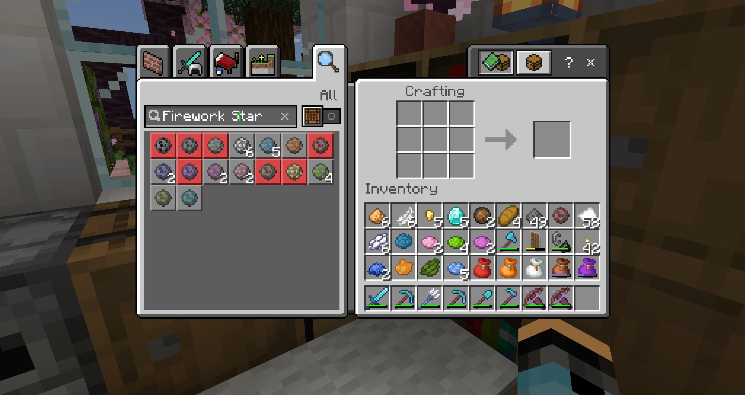 The Crafting Table Menu with the search bar filled in with the query 'Firework Star'. Below, a selection of available Firework Stars, with red ones being uncraftable from lack of ingredients. On the right is the crafting grid and the player's inventory, which is filled with dyes, gunpowder, and other firework ingredients in Minecraft.