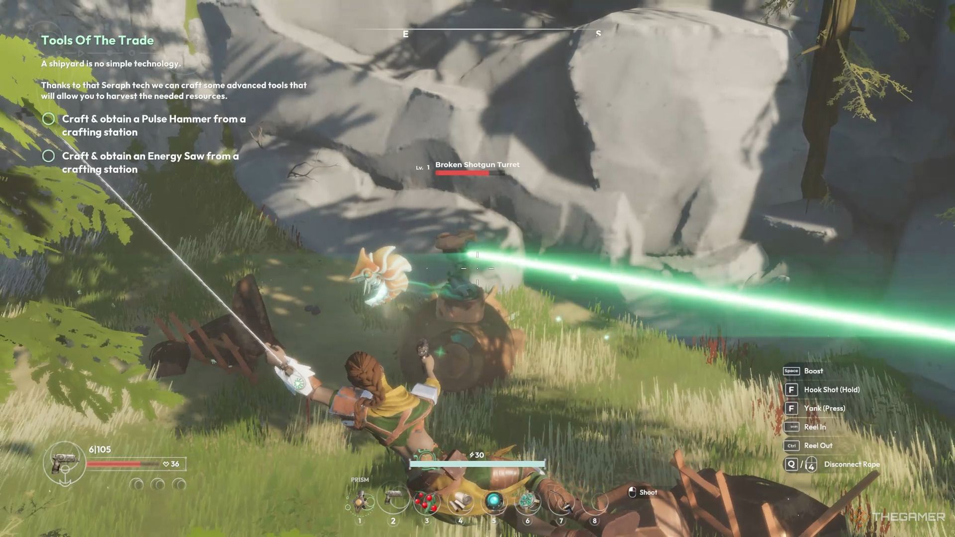Firing at an enemy while swinging with a grappling hook in Lost Skies.