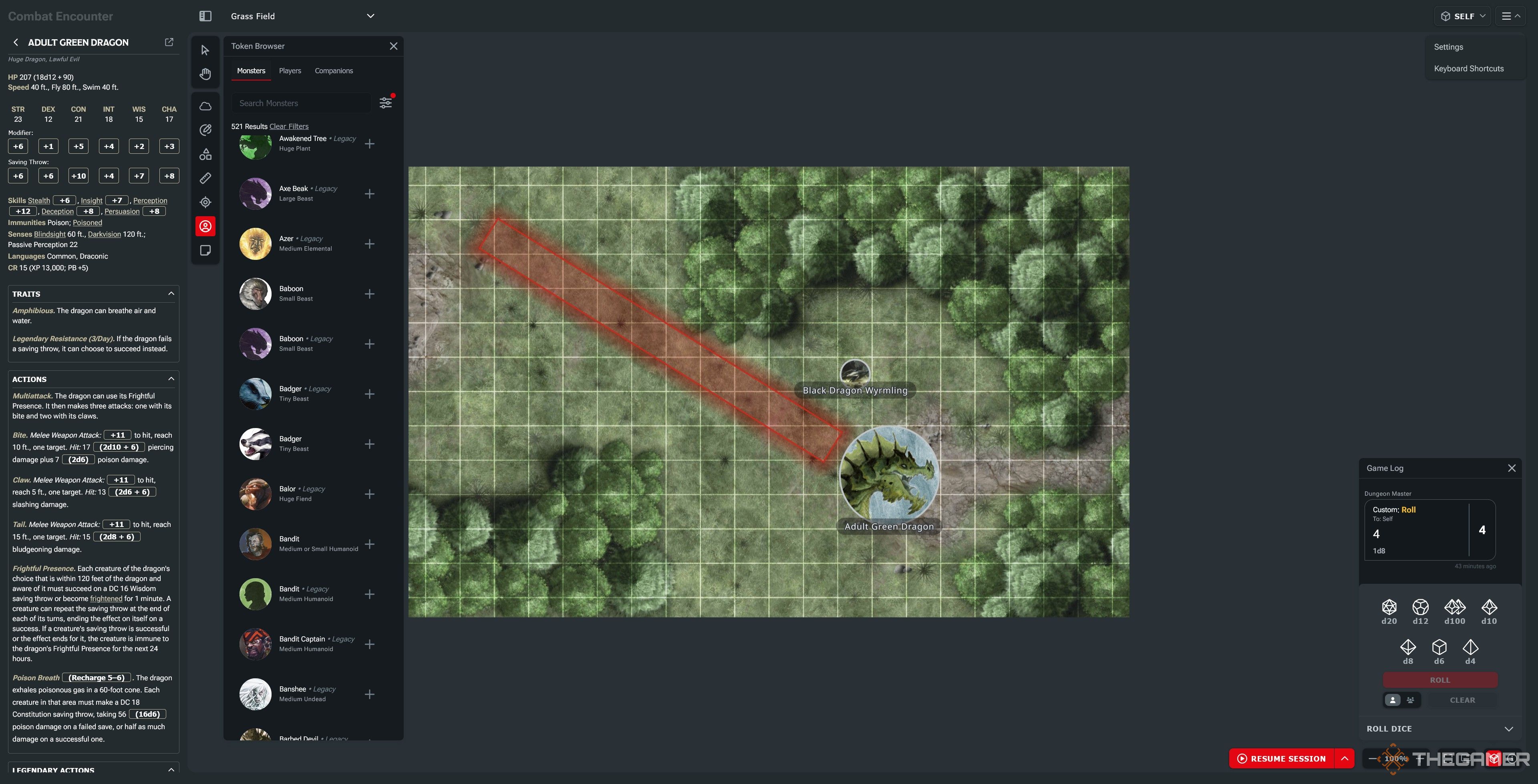 Forest Map with dragons and monster stat blocks in D&D Beyond's Maps VTT.