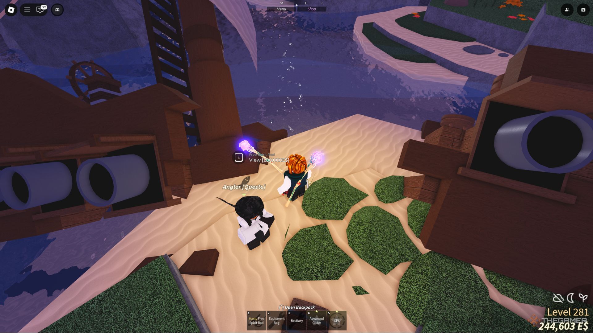 The player character stays next to the Free Spirit Rod in the Angler on Isle Of New Beginnings area in Fisch.