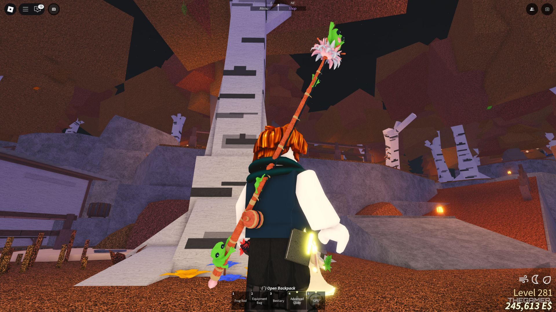 The player character shows the Frog Rod equipped on his back while being in the Waveborne area in Fisch.