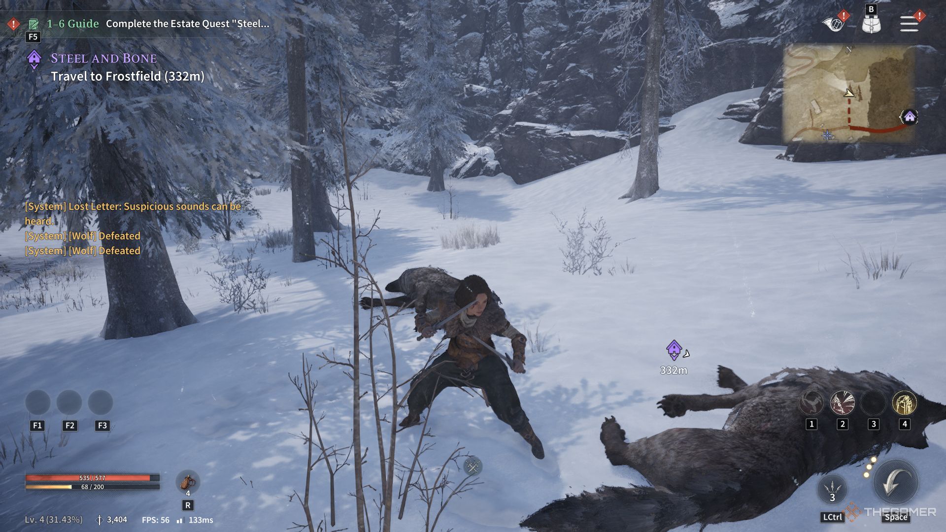 an assassin stands with daggers drawn over a pair of slain wolves in game of thrones: kingsroad.