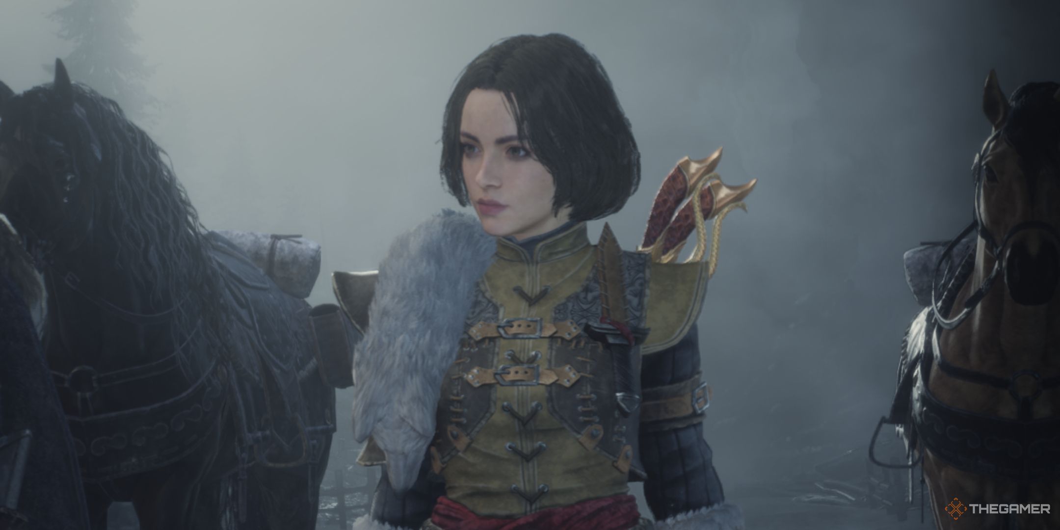 a closeup of the starting assassin coming in from the winterfell cold in game of thrones: kingsroad.