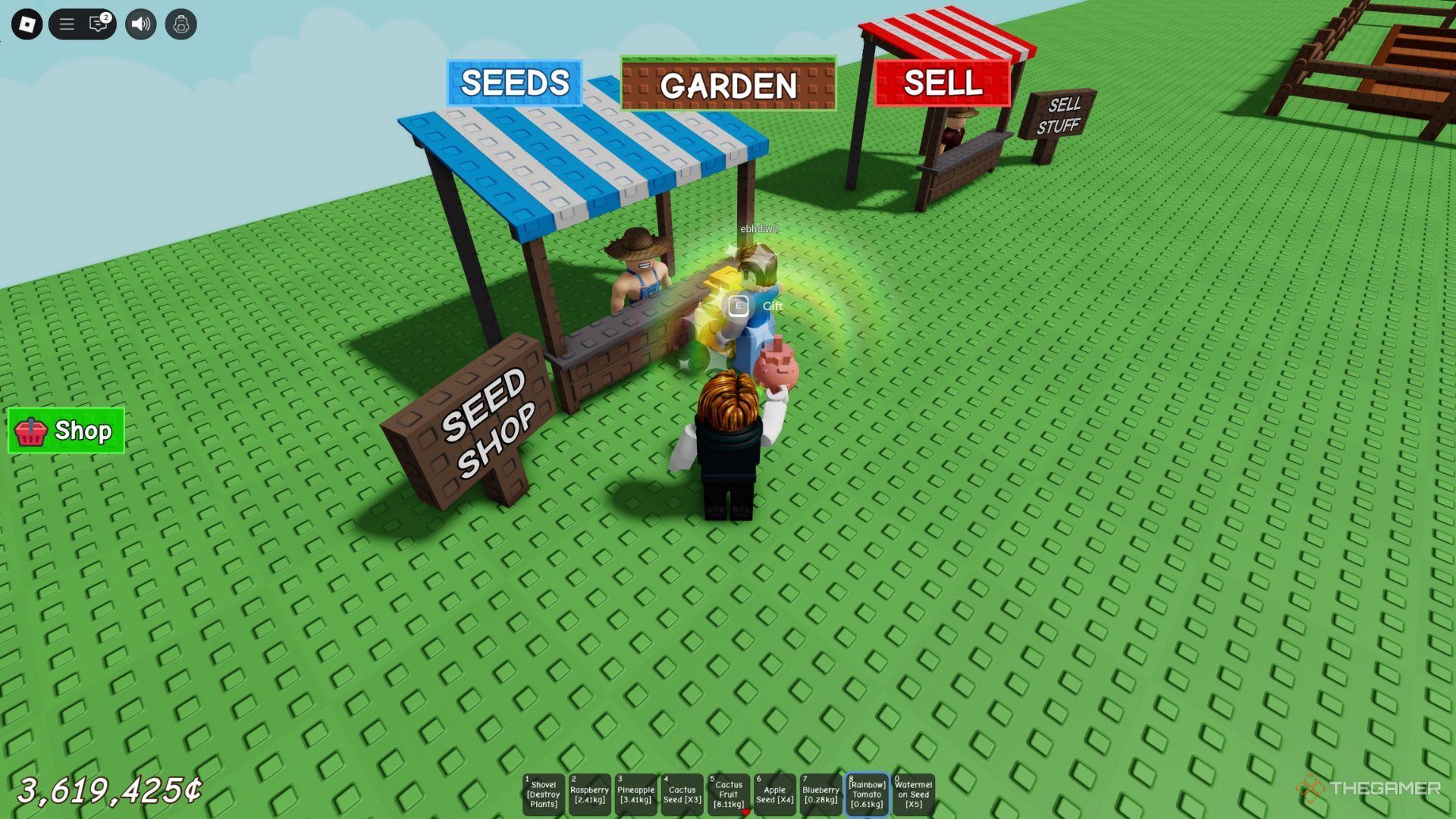 The player is trading with other gamer near the seed shop in Grow A Garden.
