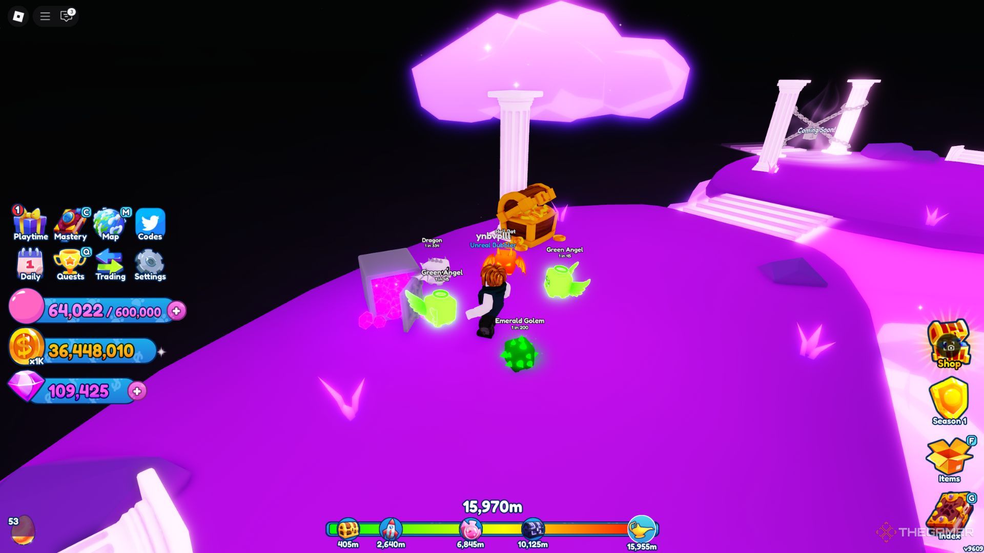 The player character shows a chest full of Gems in the Zen World in Bubble Gum Simulator Infinity.