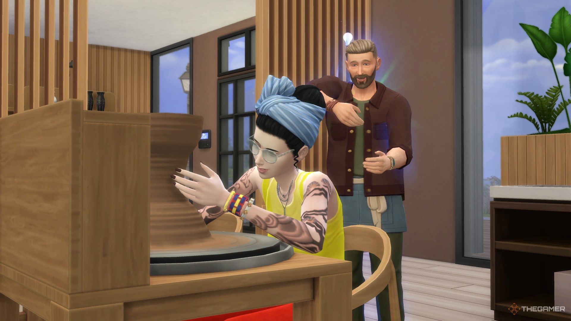 Gert Koopman with his Mastery Perk activated, teaching a Sim to sculpt in The Sims 4 Businesses and Hobbies.-1