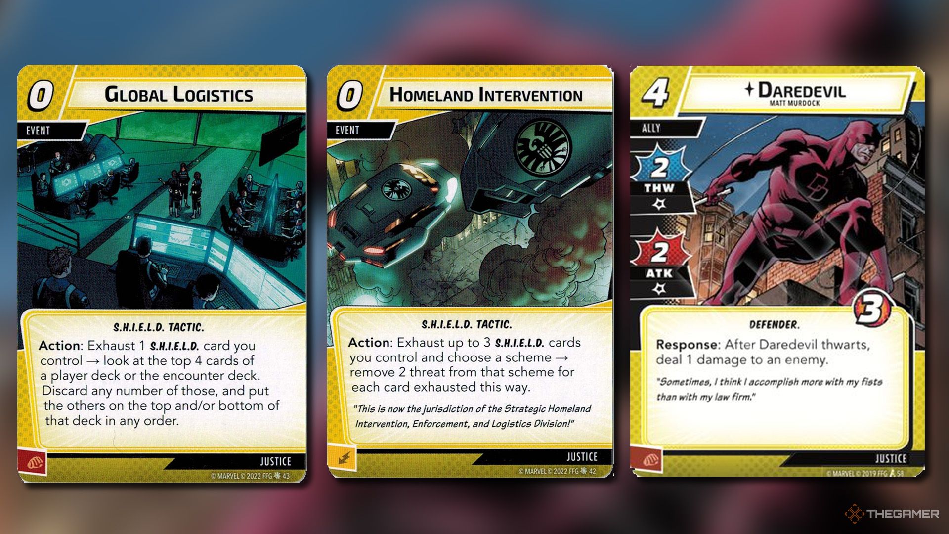 Global Logistics, Homeland Intervention and Daredevil cards from Marvel Champions.