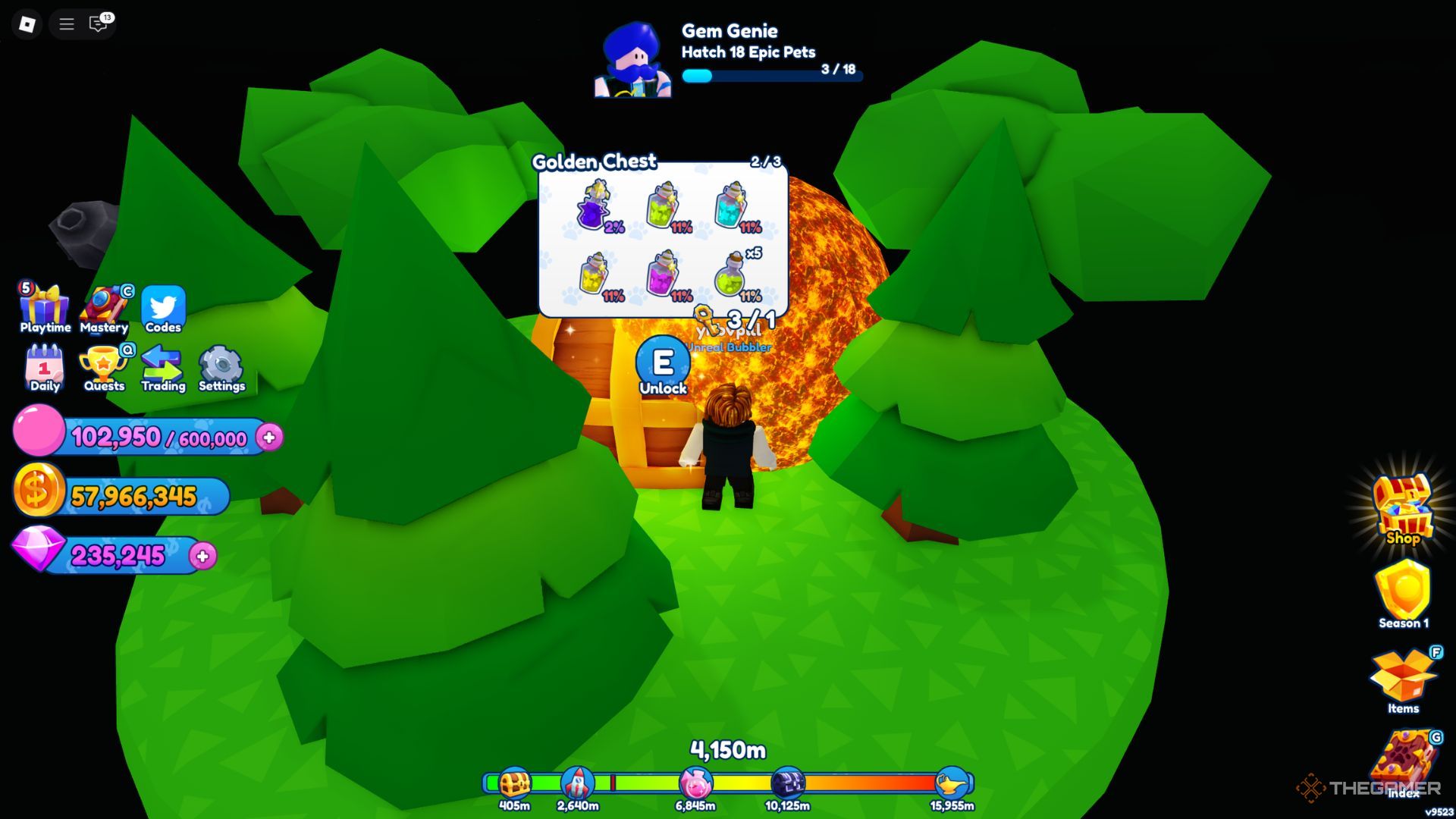 The player character shows a Golden Chest on the floating island in Bubble Gum Simulator Infinity.