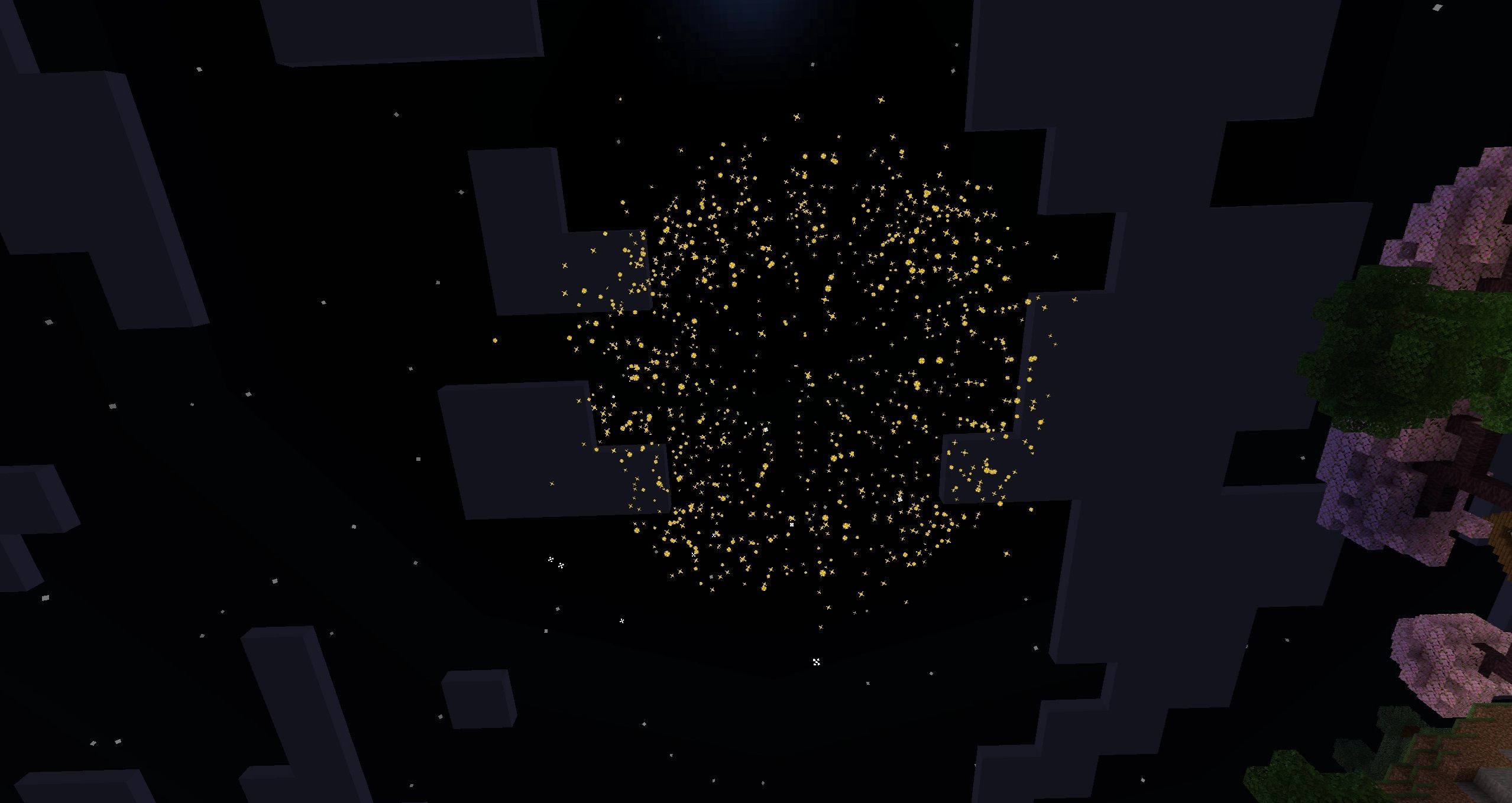 A glittering, golden explosion in the night sky in Minecraft.