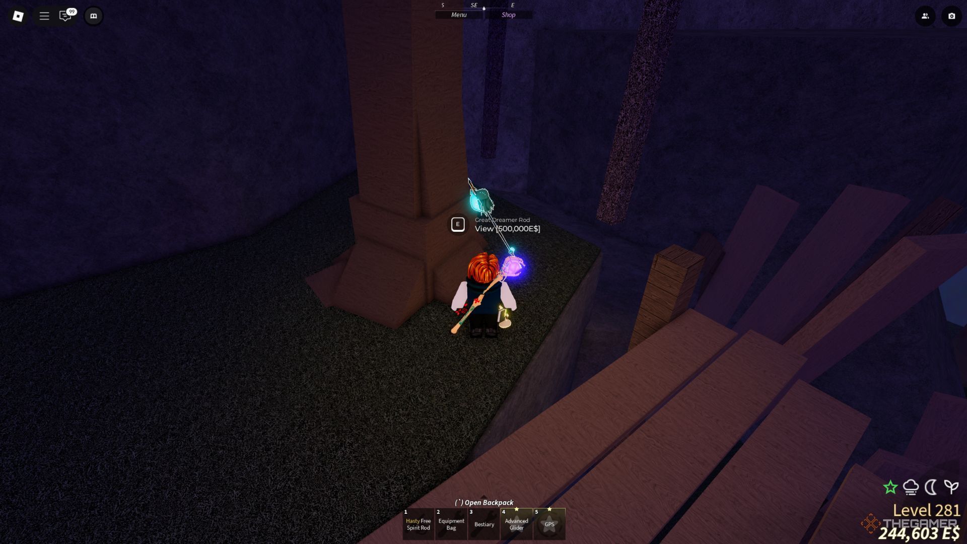 The player character stays next to the Great Dreamer Rod in The Cursed Shores area in Fisch.