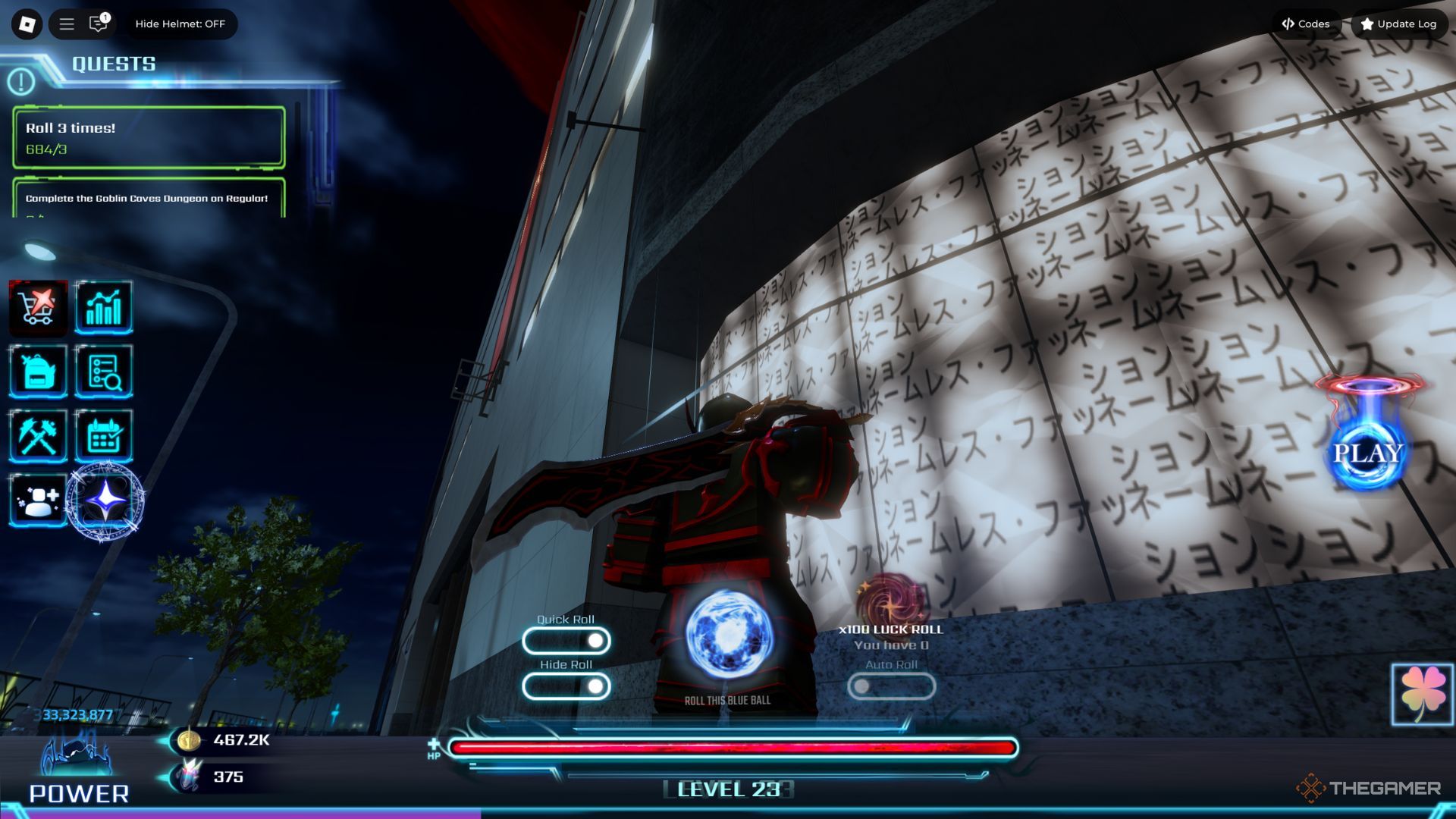 The player character holding a Greatsword with his right hand in the main lobby in Hunters.
