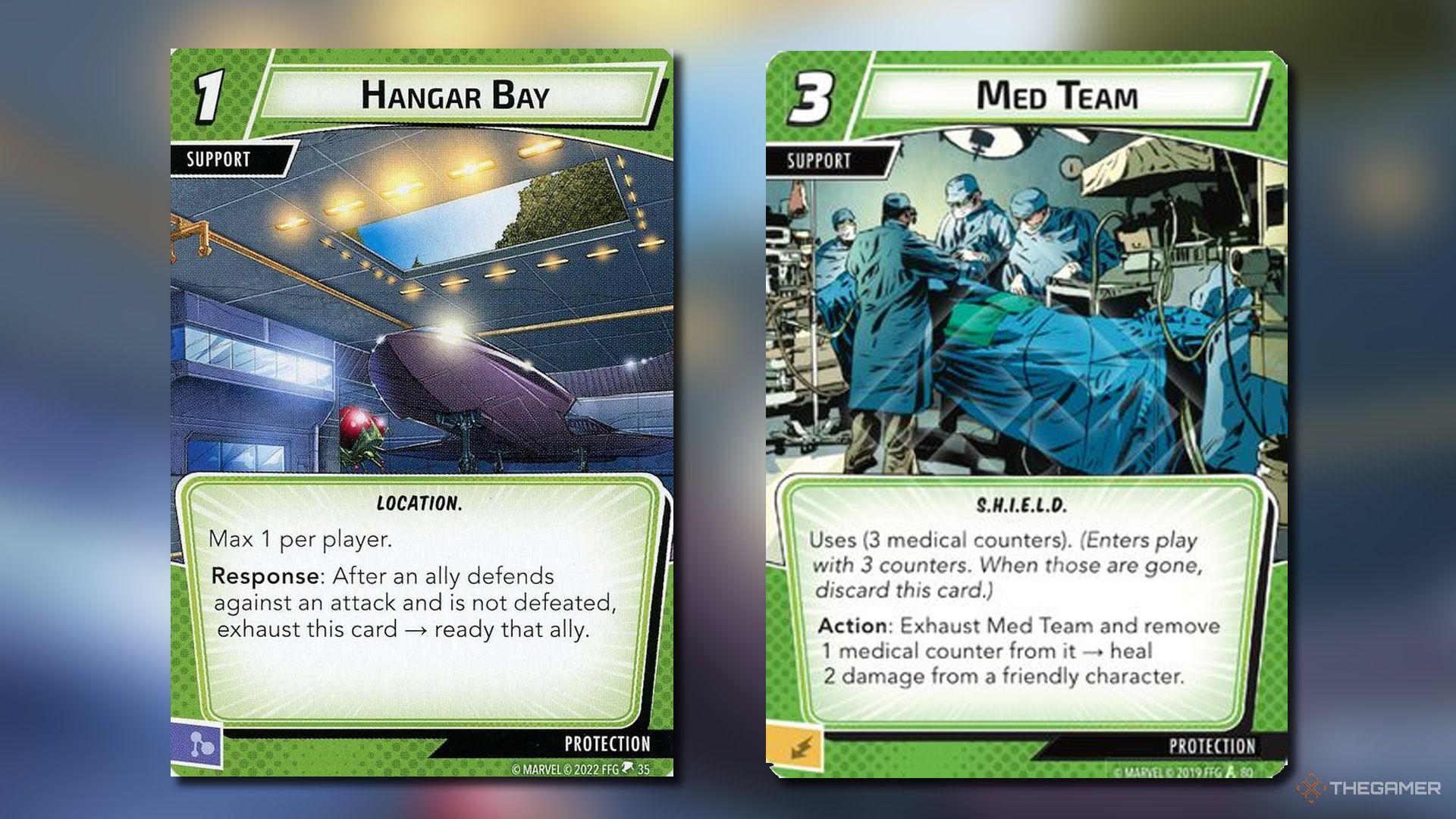 Hangar Team and Med Team cards from Marvel Champions.