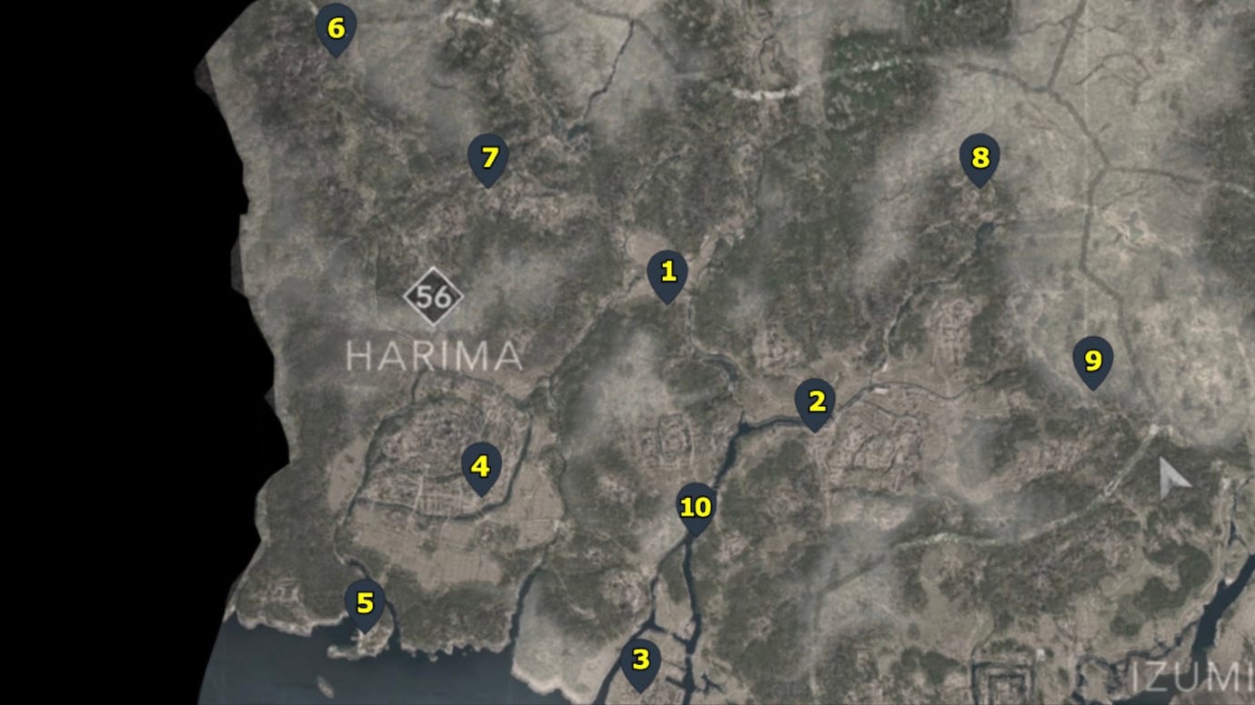 A map with pointers showing all of the Kakurega in the Harima region of Assassin's Creed Shadows.